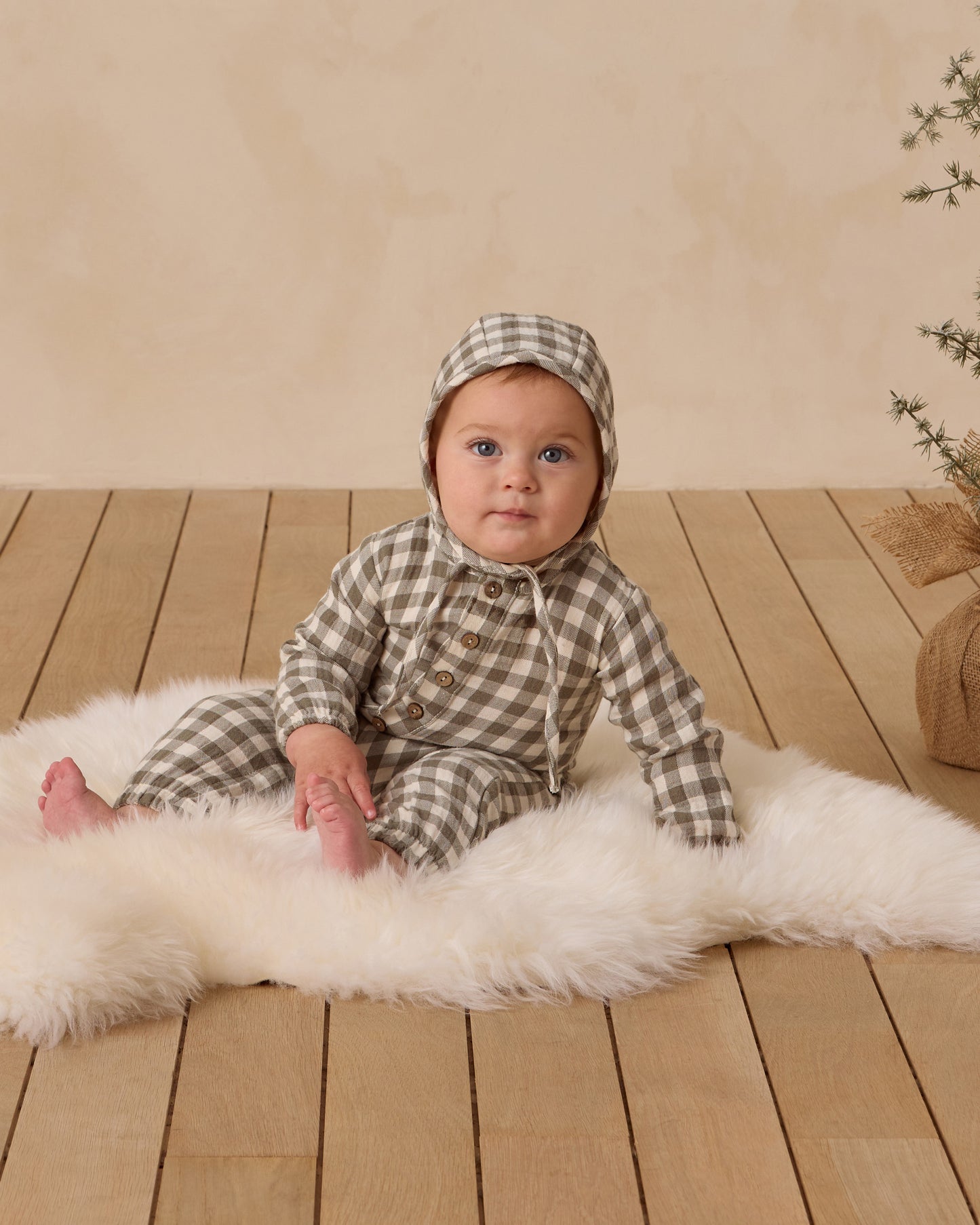 Woven Baby Bonnet || Forest Check - Rylee + Cru | Kids Clothes | Trendy Baby Clothes | Modern Infant Outfits |