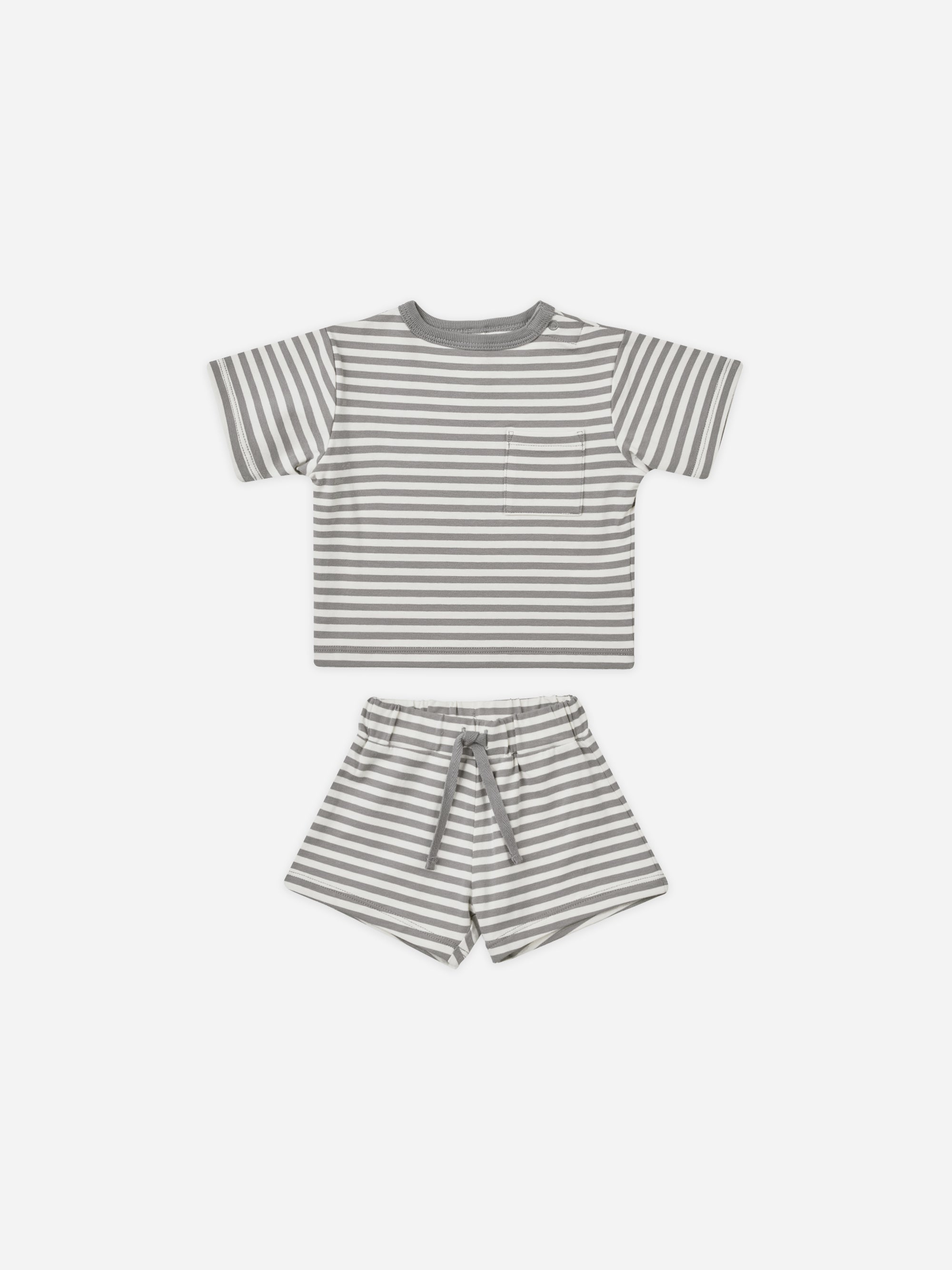 Boxy Pocket Tee + Short Set || Lagoon Stripe