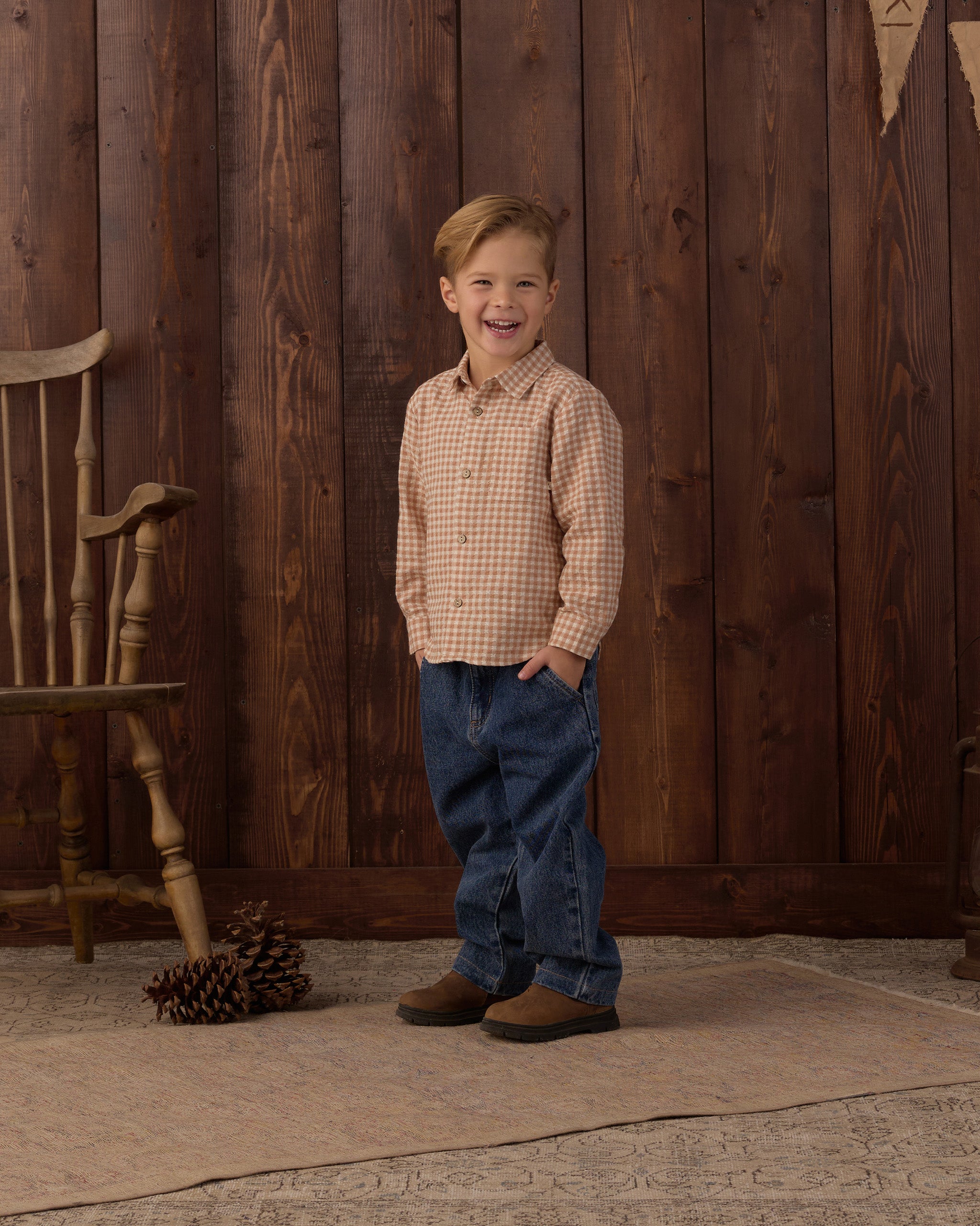 Collared Long Sleeve Shirt Fawn Gingham - Rylee + Cru | Kids Clothes | Trendy Baby Clothes | Modern Infant Outfits |