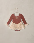 Lucille Velvet Long Sleeve Tutu Leotard in spice with scoop neck, gold star chest applique, and cream star-sequin tulle tutu skirt