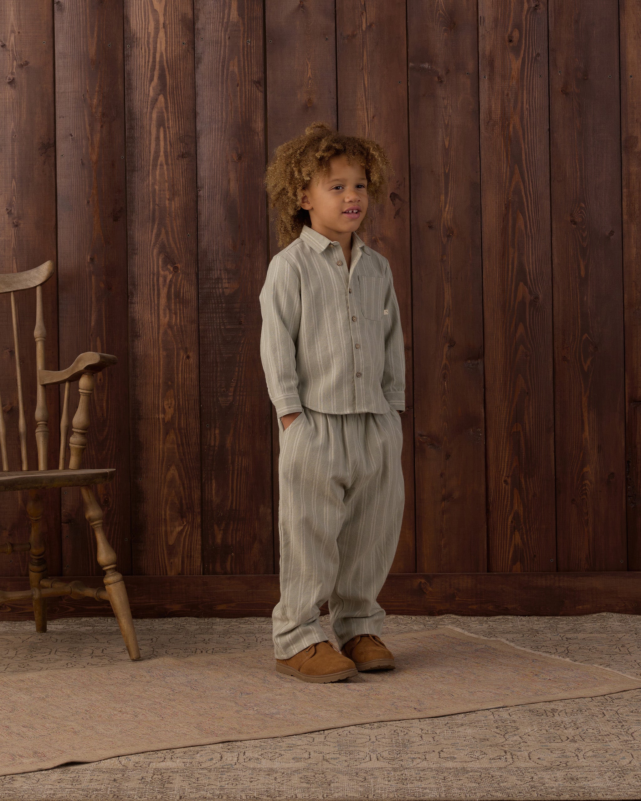 Collared Long Sleeve Shirt Sage Pinstripe - Rylee + Cru | Kids Clothes | Trendy Baby Clothes | Modern Infant Outfits |