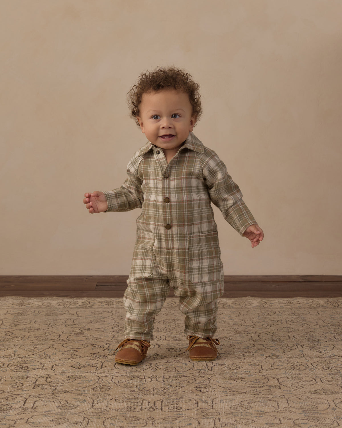 Collared Baby Jumpsuit Olive Dobby Plaid - Rylee + Cru | Kids Clothes | Trendy Baby Clothes | Modern Infant Outfits |
