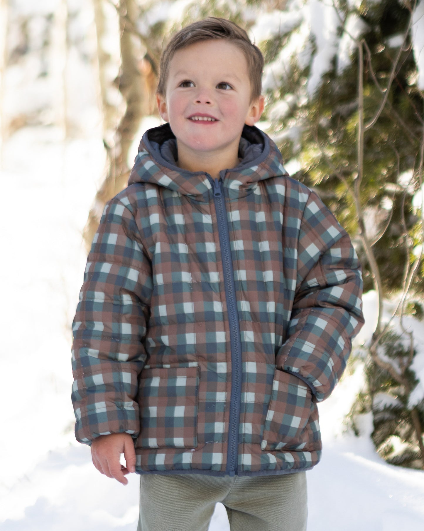 Lightweight Reversible Puffer Midnight Check - Rylee + Cru | Kids Clothes | Trendy Baby Clothes | Modern Infant Outfits |