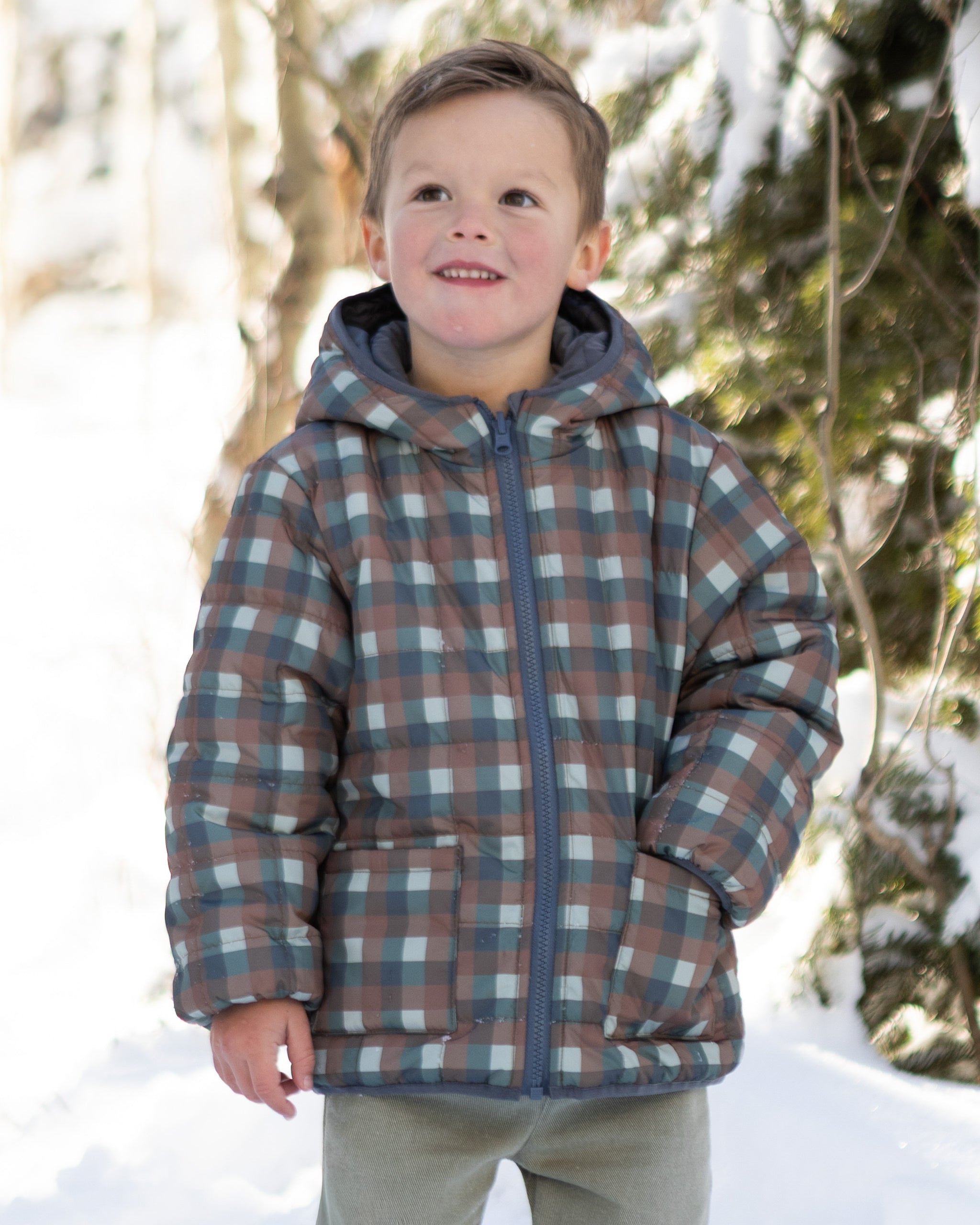 Lightweight Reversible Puffer Midnight Check - Rylee + Cru | Kids Clothes | Trendy Baby Clothes | Modern Infant Outfits |