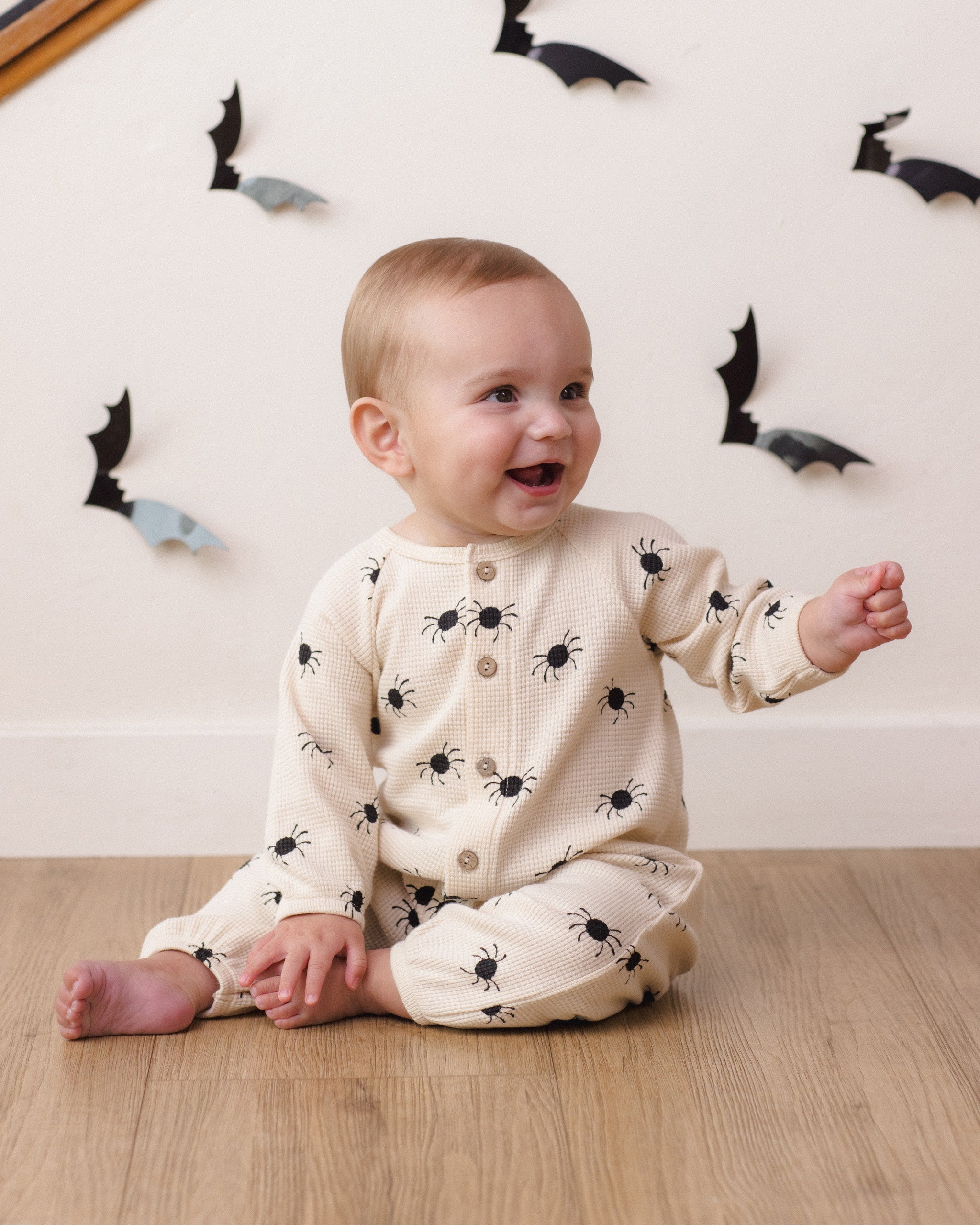 Waffle Long Sleeve Jumpsuit Bitsy Spider – Quincy Mae
