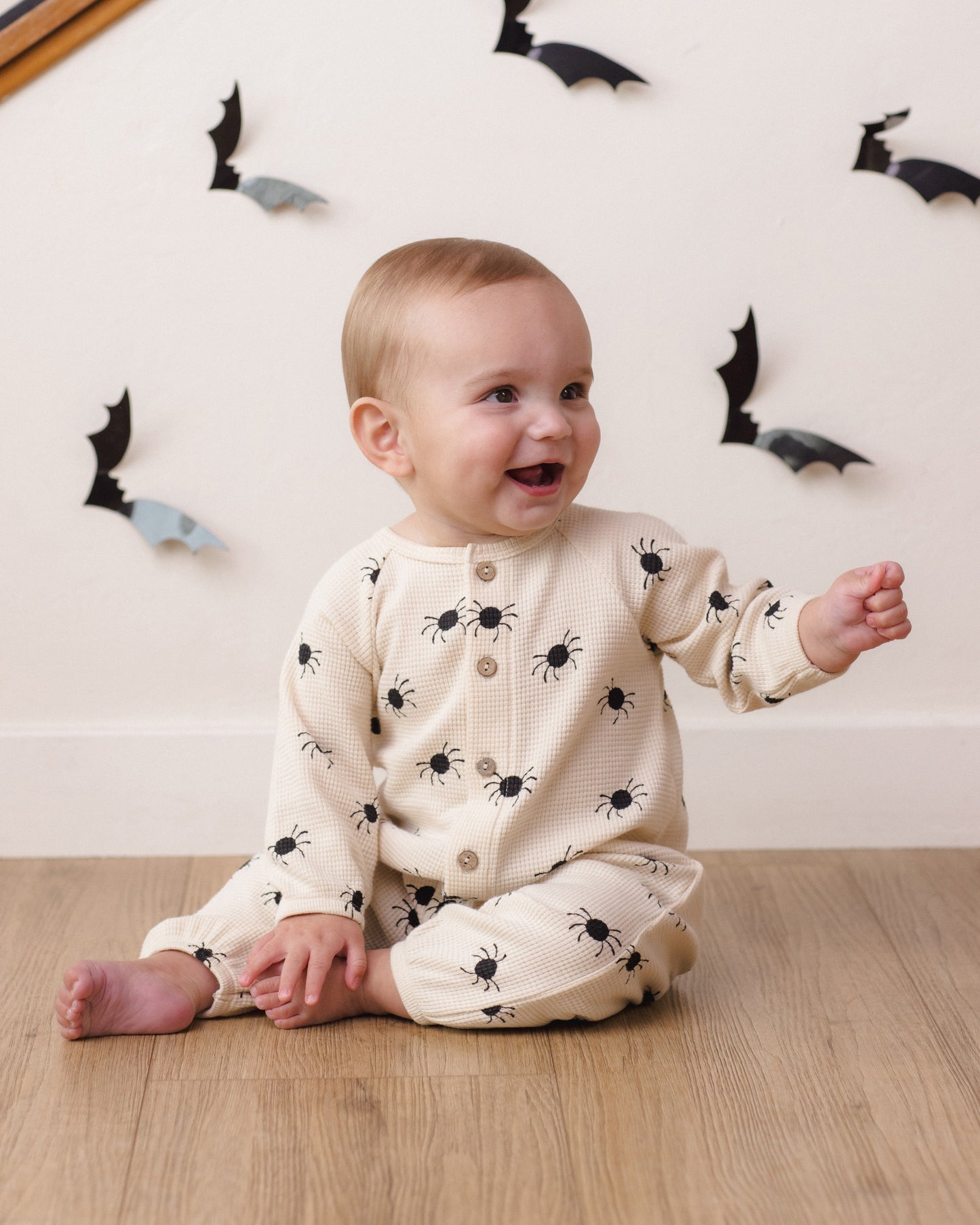 Waffle Long Sleeve Jumpsuit Bitsy Spider - Rylee + Cru | Kids Clothes | Trendy Baby Clothes | Modern Infant Outfits |