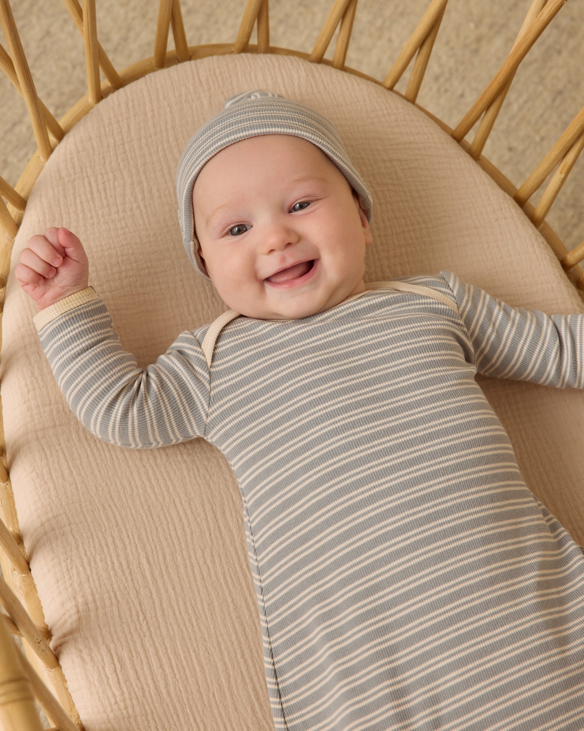 Knotted Baby Gown + Hat Set || Steel Blue Micro Stripe - Rylee + Cru | Kids Clothes | Trendy Baby Clothes | Modern Infant Outfits |