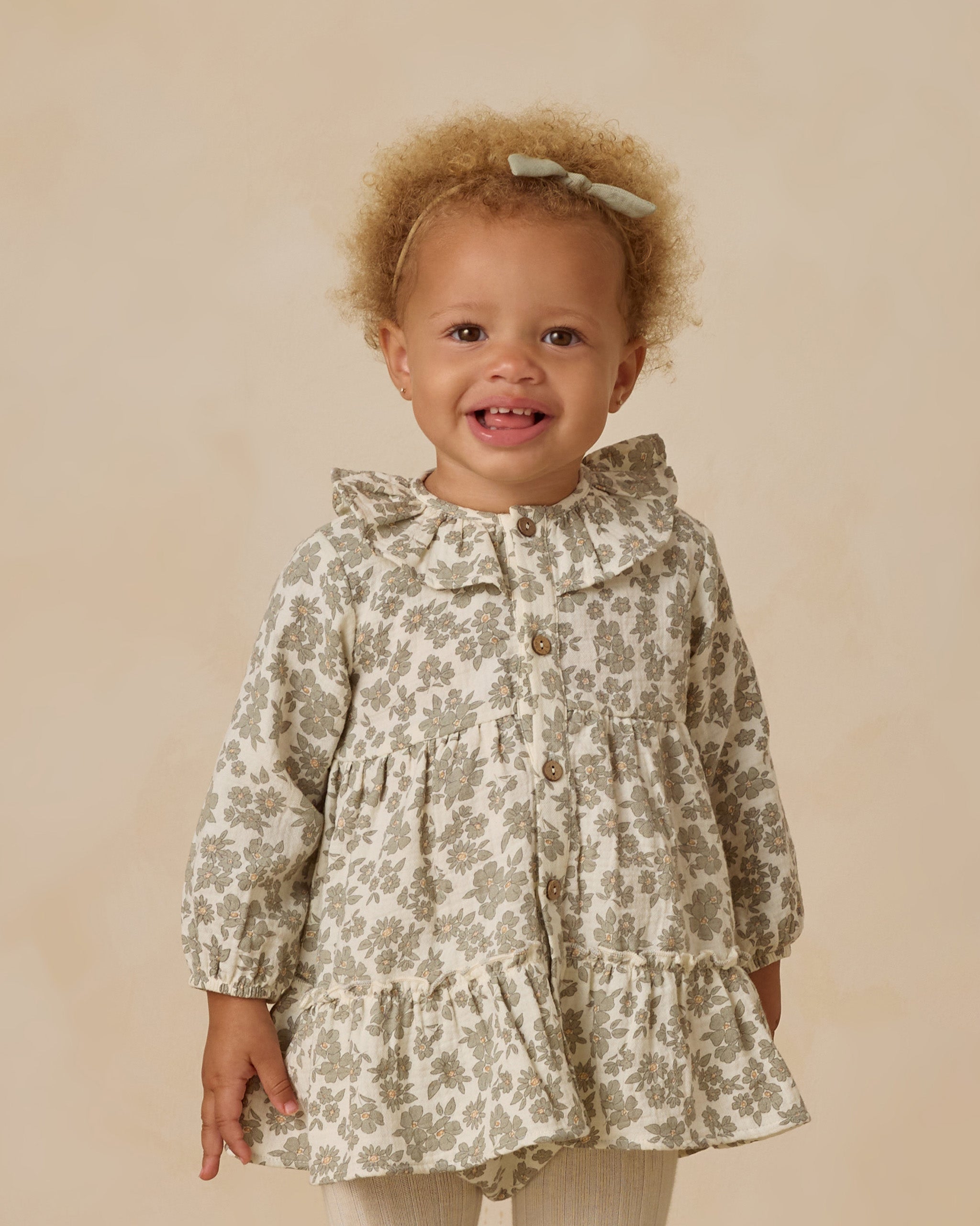 Ruffle Collar Button Dress || Green Floral - Rylee + Cru | Kids Clothes | Trendy Baby Clothes | Modern Infant Outfits |