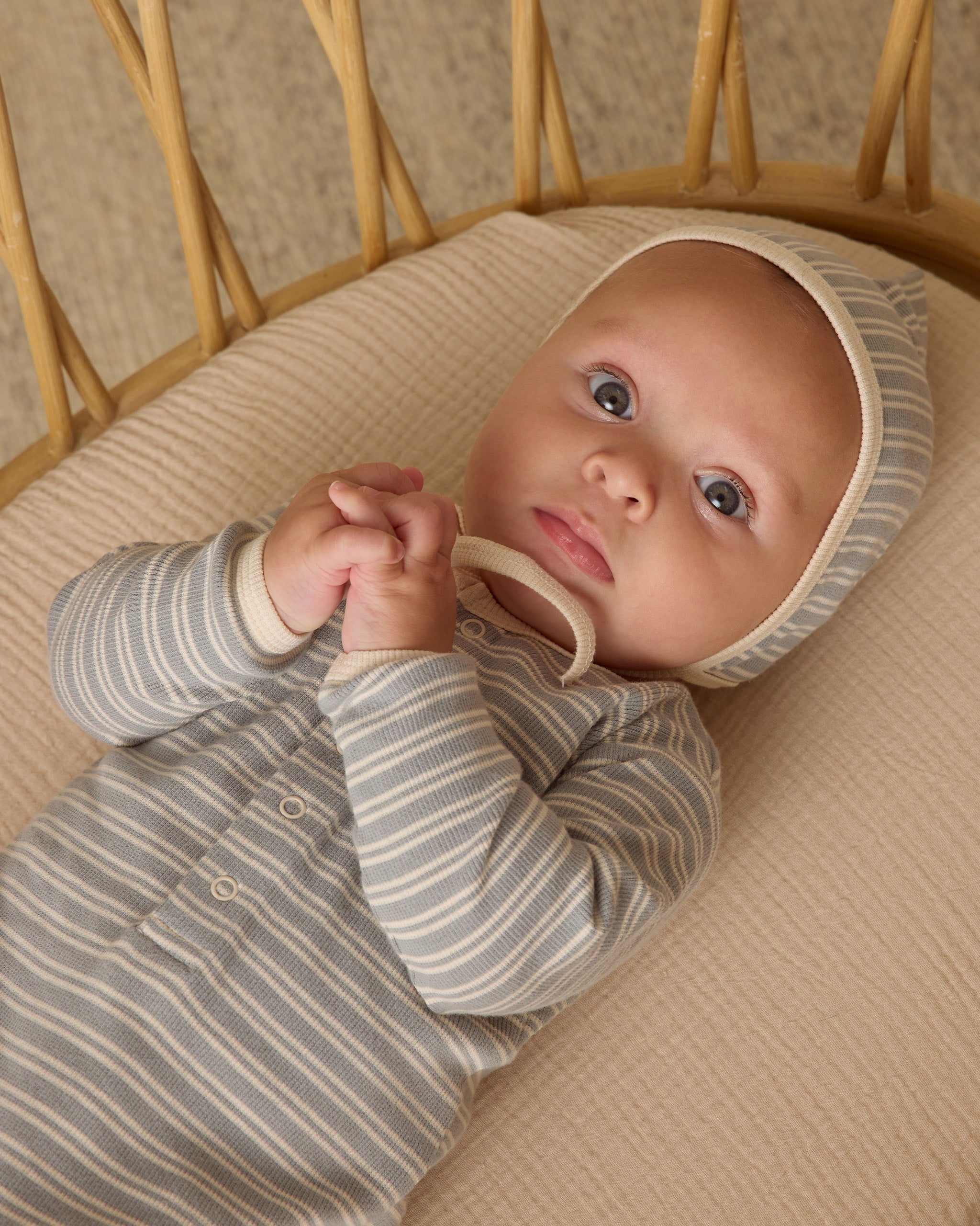 Ribbed Pixie Bonnet || Steel Blue Micro Stripe - Rylee + Cru | Kids Clothes | Trendy Baby Clothes | Modern Infant Outfits |