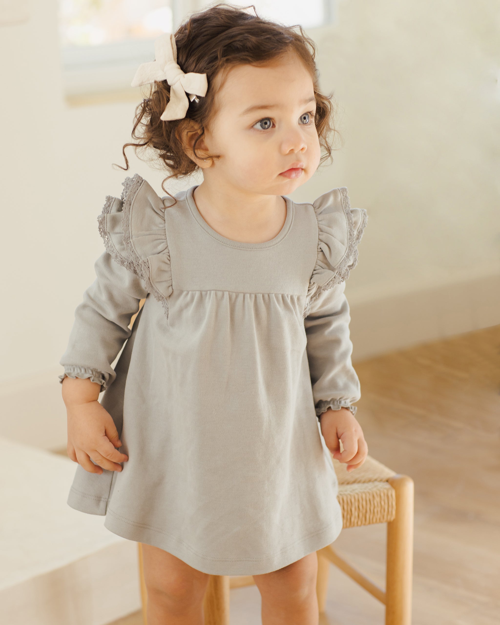Long Sleeve Flutter Dress || Steel Blue - Rylee + Cru | Kids Clothes | Trendy Baby Clothes | Modern Infant Outfits |