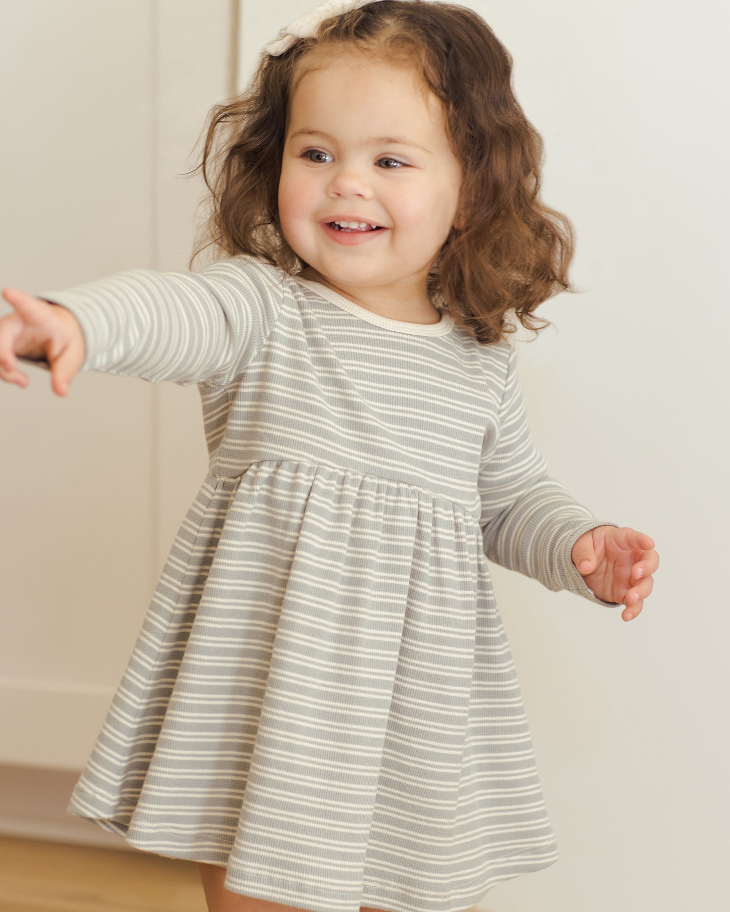 Ribbed Long Sleeve Dress || Steel Blue Micro Stripe - Rylee + Cru | Kids Clothes | Trendy Baby Clothes | Modern Infant Outfits |