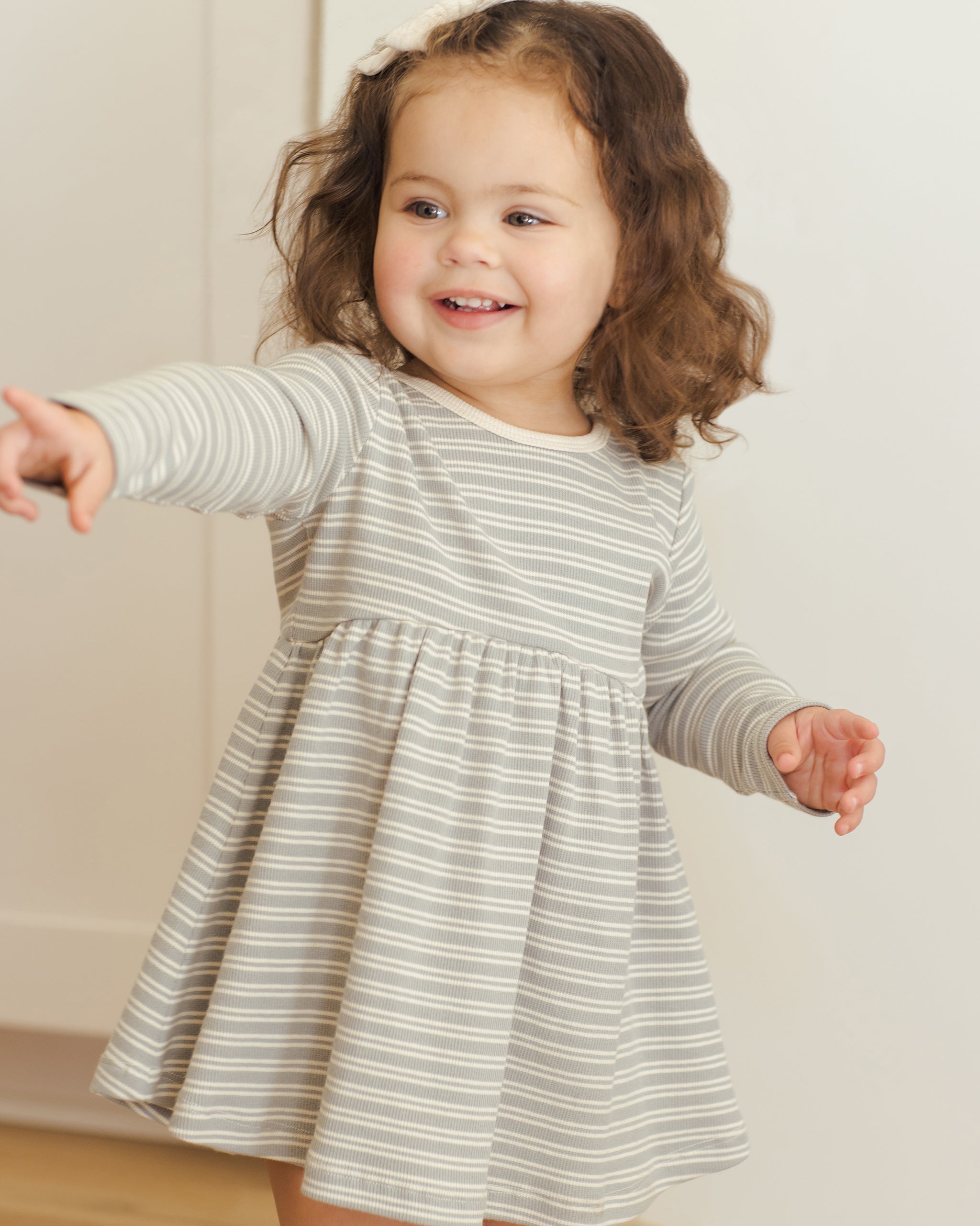 Ribbed Long Sleeve Dress || Steel Blue Micro Stripe - Rylee + Cru | Kids Clothes | Trendy Baby Clothes | Modern Infant Outfits |