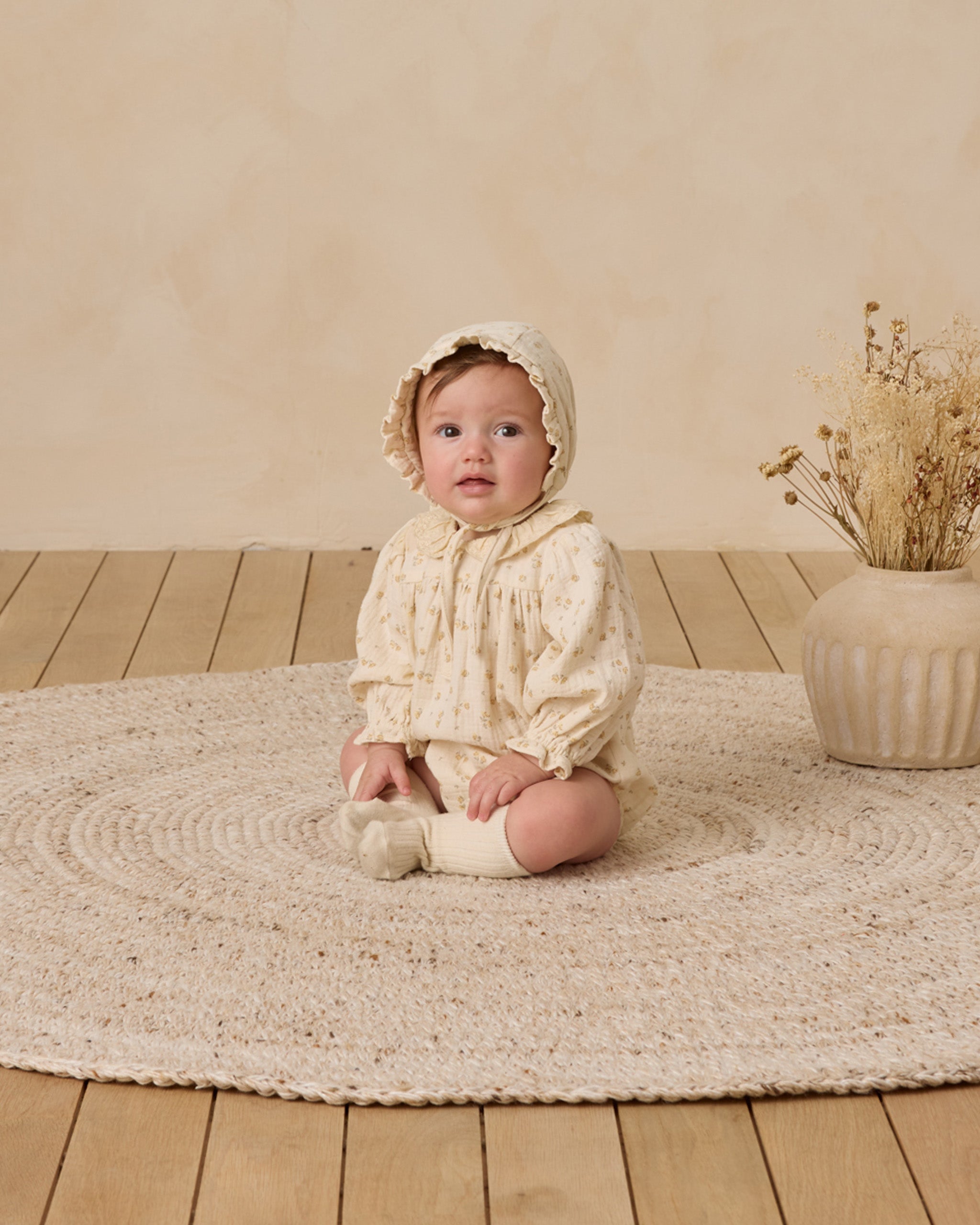 Woven Ruffle Bonnet || Golden Floral - Rylee + Cru | Kids Clothes | Trendy Baby Clothes | Modern Infant Outfits |