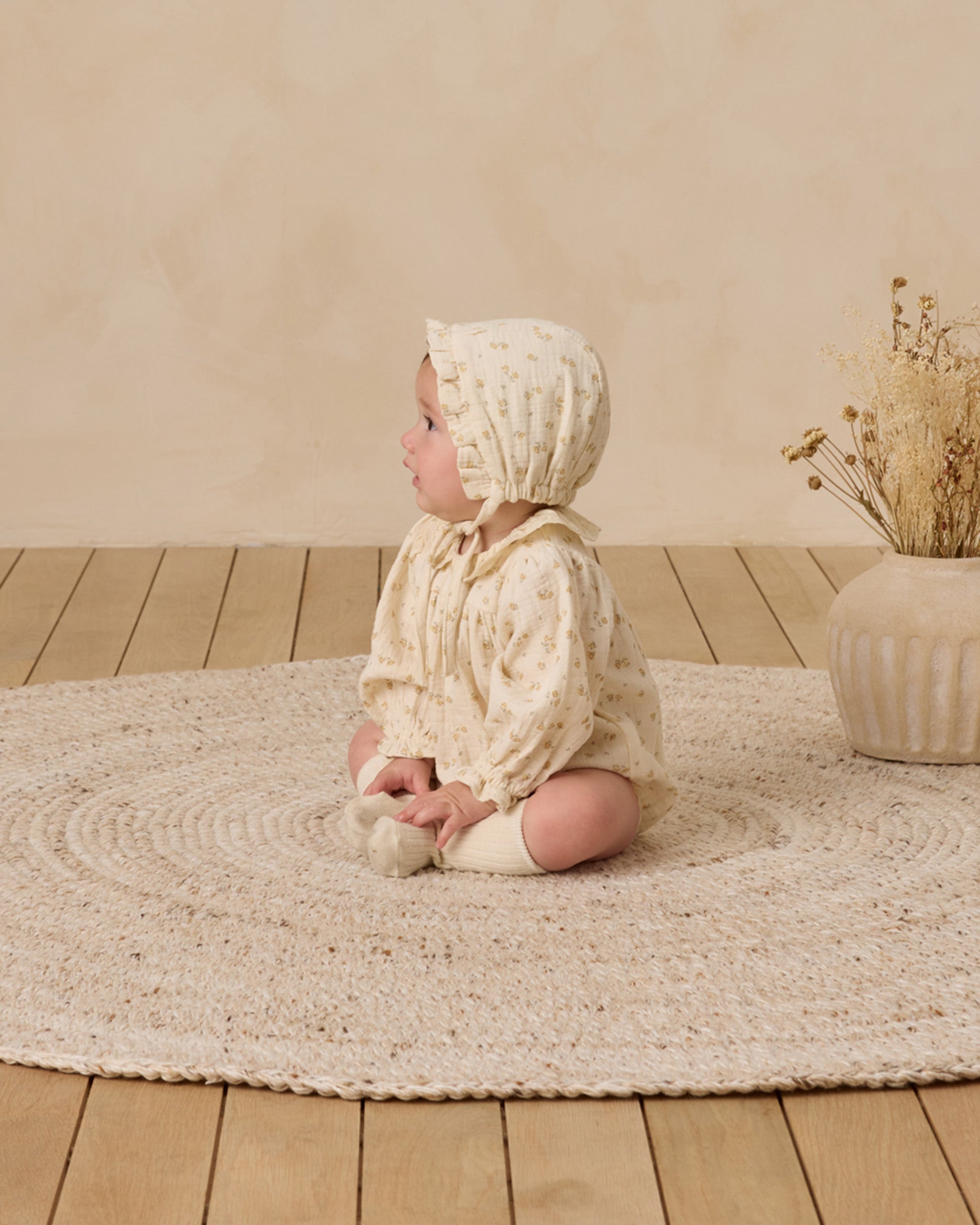 Woven Ruffle Bonnet || Golden Floral - Rylee + Cru | Kids Clothes | Trendy Baby Clothes | Modern Infant Outfits |