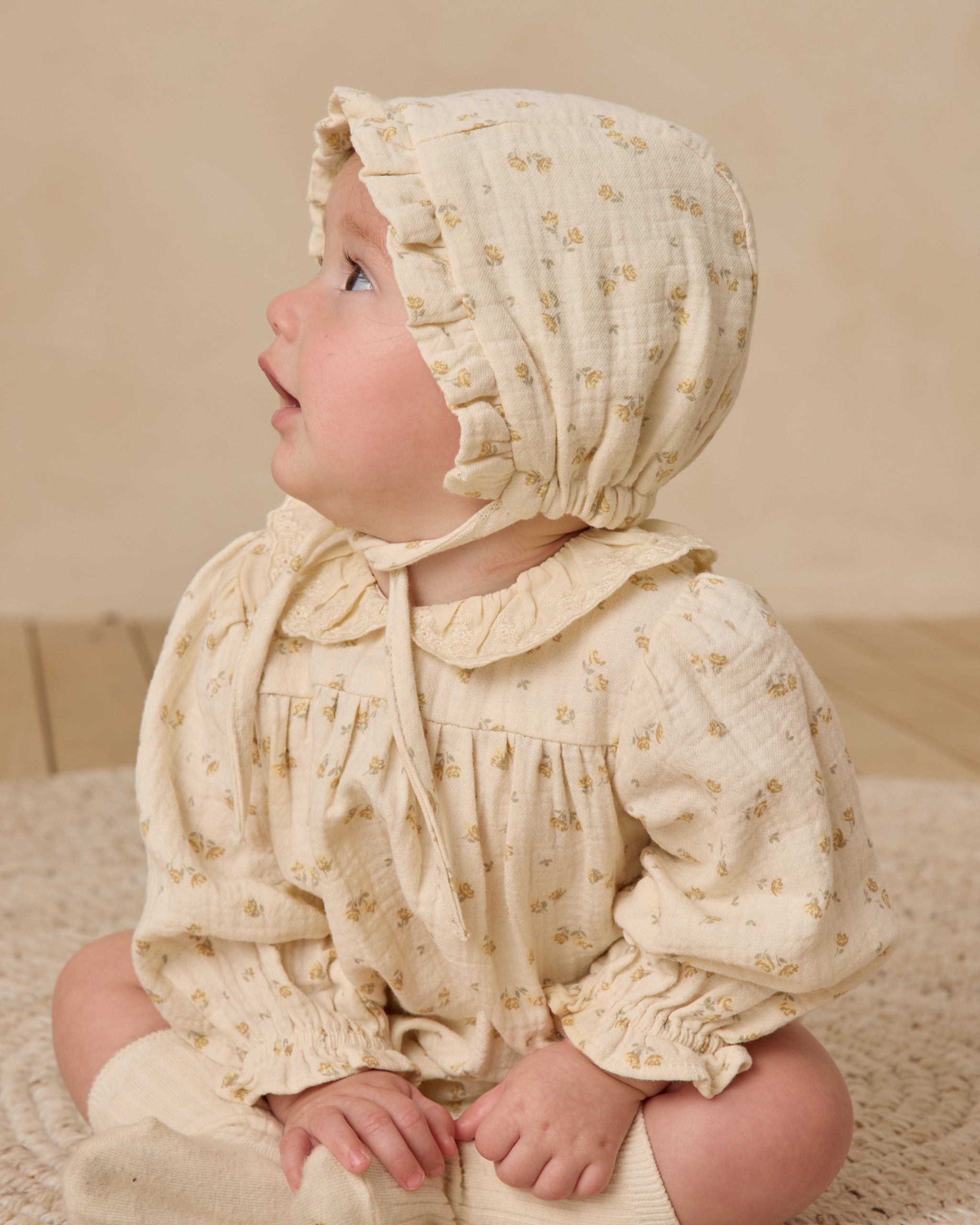 Woven Ruffle Bonnet || Golden Floral - Rylee + Cru | Kids Clothes | Trendy Baby Clothes | Modern Infant Outfits |