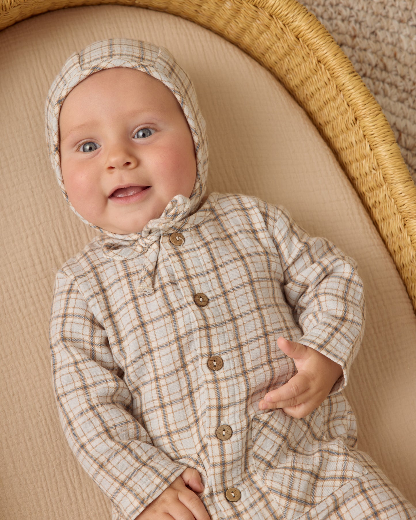 Woven Baby Bonnet || Blue Plaid - Rylee + Cru | Kids Clothes | Trendy Baby Clothes | Modern Infant Outfits |