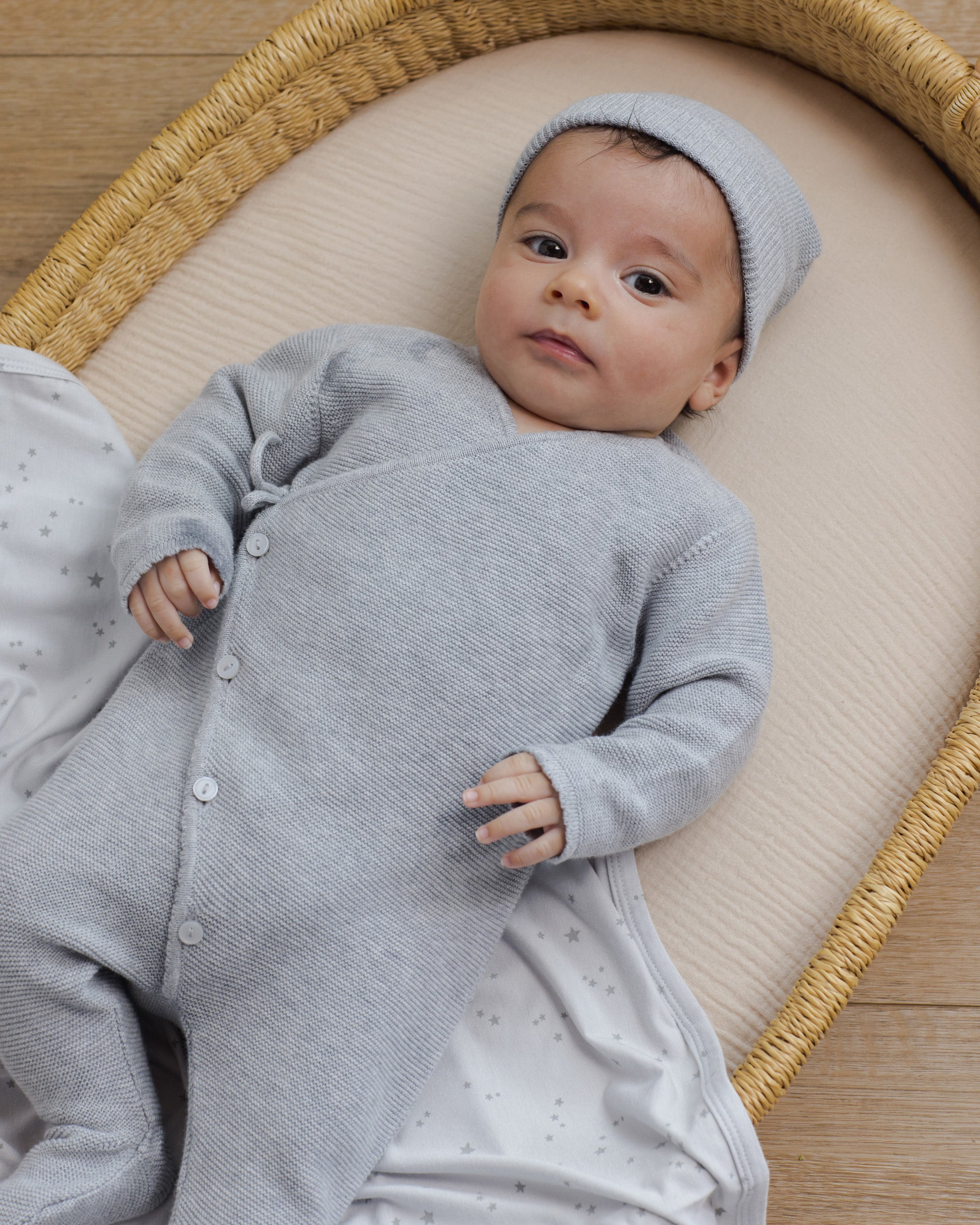 Wrap Knit Footie || Heathered Dusty Blue - Rylee + Cru | Kids Clothes | Trendy Baby Clothes | Modern Infant Outfits |