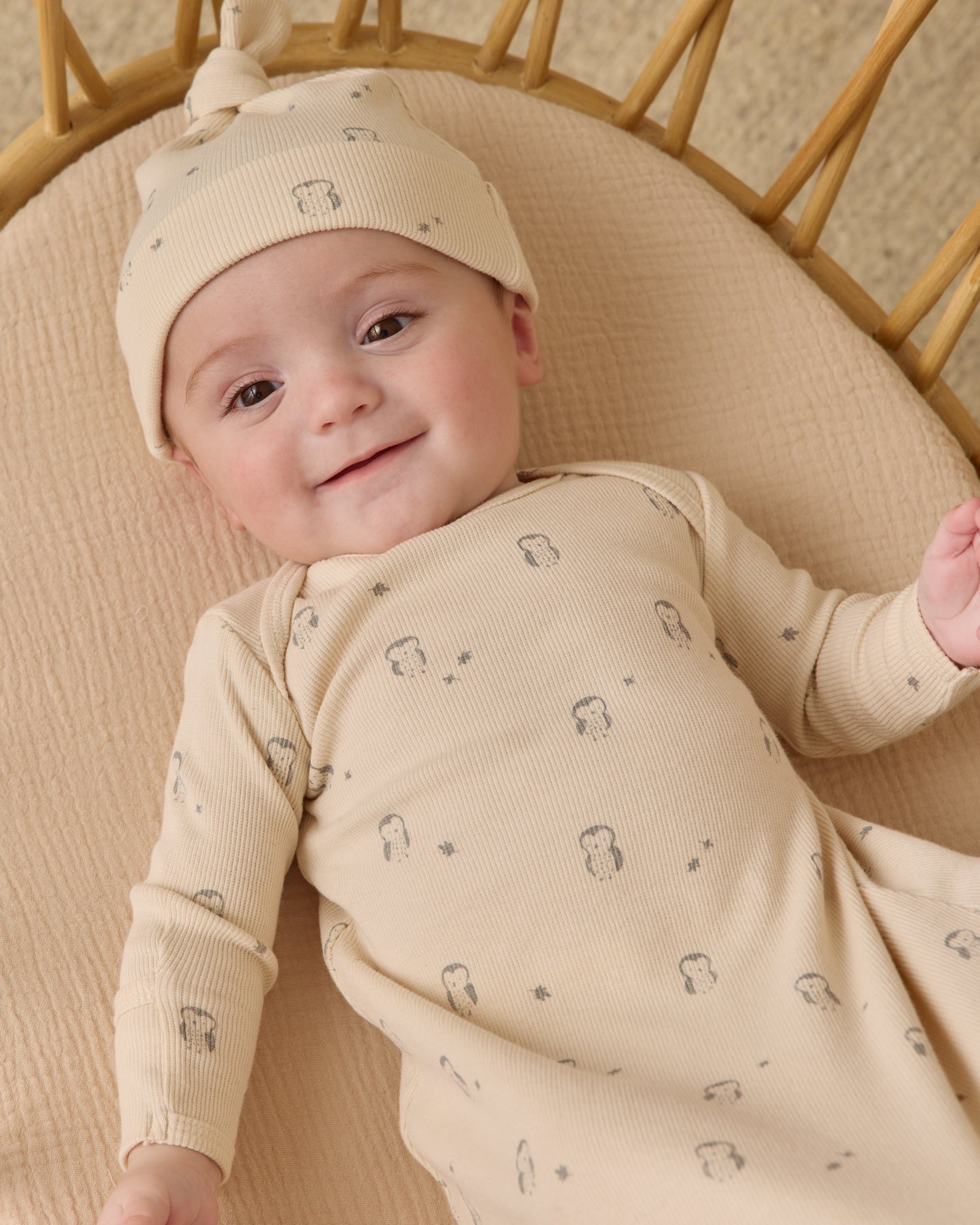 Knotted Baby Gown + Hat Set || Owls - Rylee + Cru | Kids Clothes | Trendy Baby Clothes | Modern Infant Outfits |