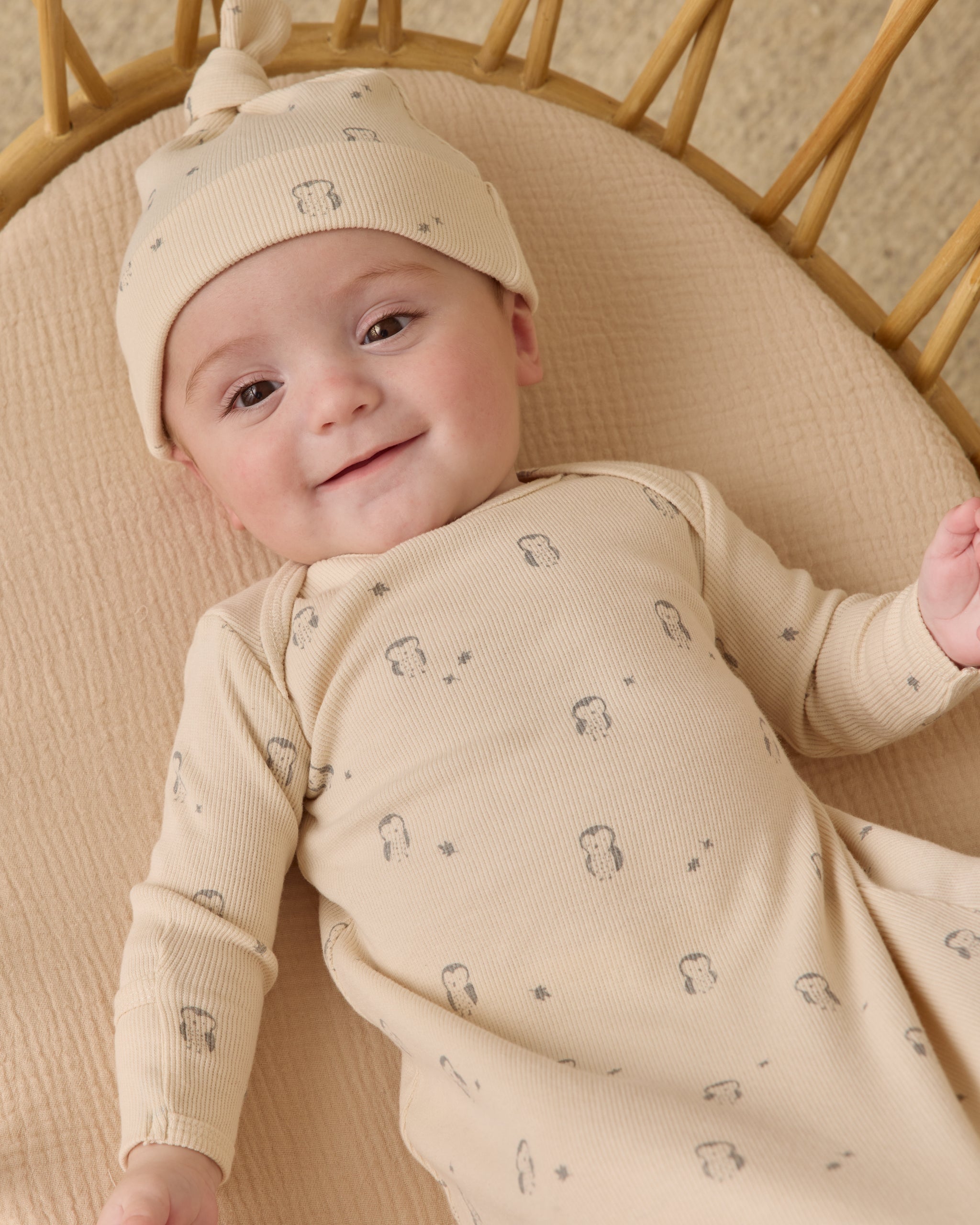 Knotted Baby Gown + Hat Set || Owls - Rylee + Cru | Kids Clothes | Trendy Baby Clothes | Modern Infant Outfits |