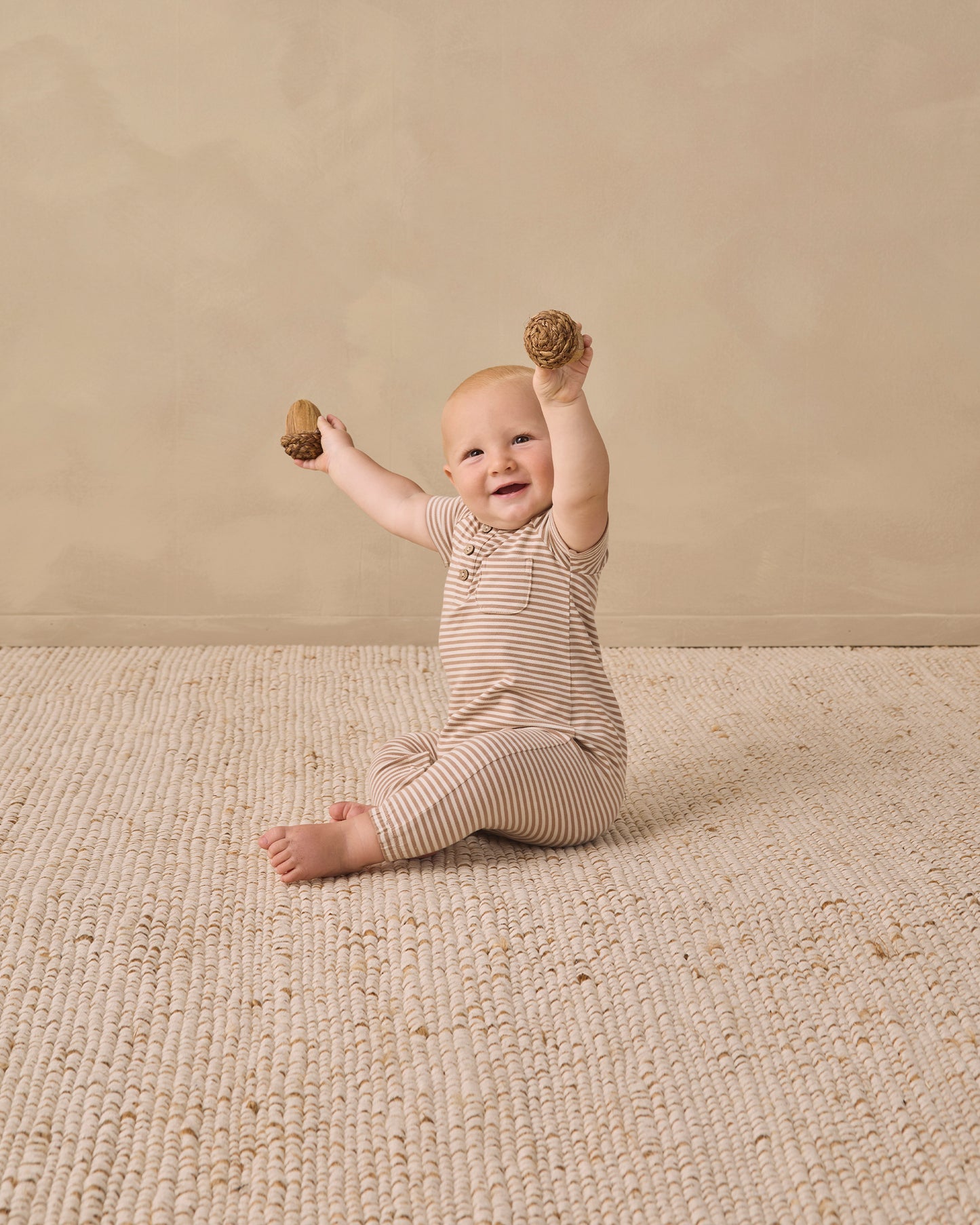 Short Sleeve Jumpsuit Almond Stripe - Rylee + Cru | Kids Clothes | Trendy Baby Clothes | Modern Infant Outfits |