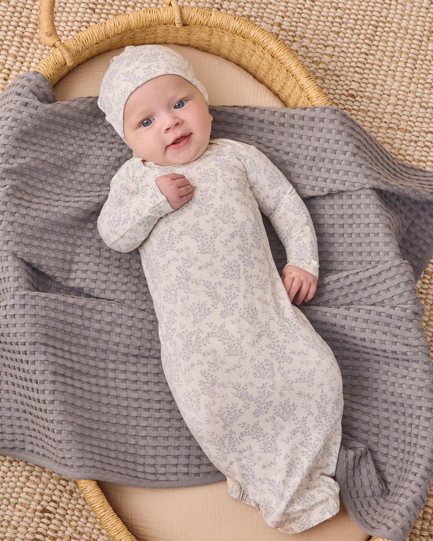 Bamboo Baby Gown + Hat Set Cloud Floral - Rylee + Cru | Kids Clothes | Trendy Baby Clothes | Modern Infant Outfits |