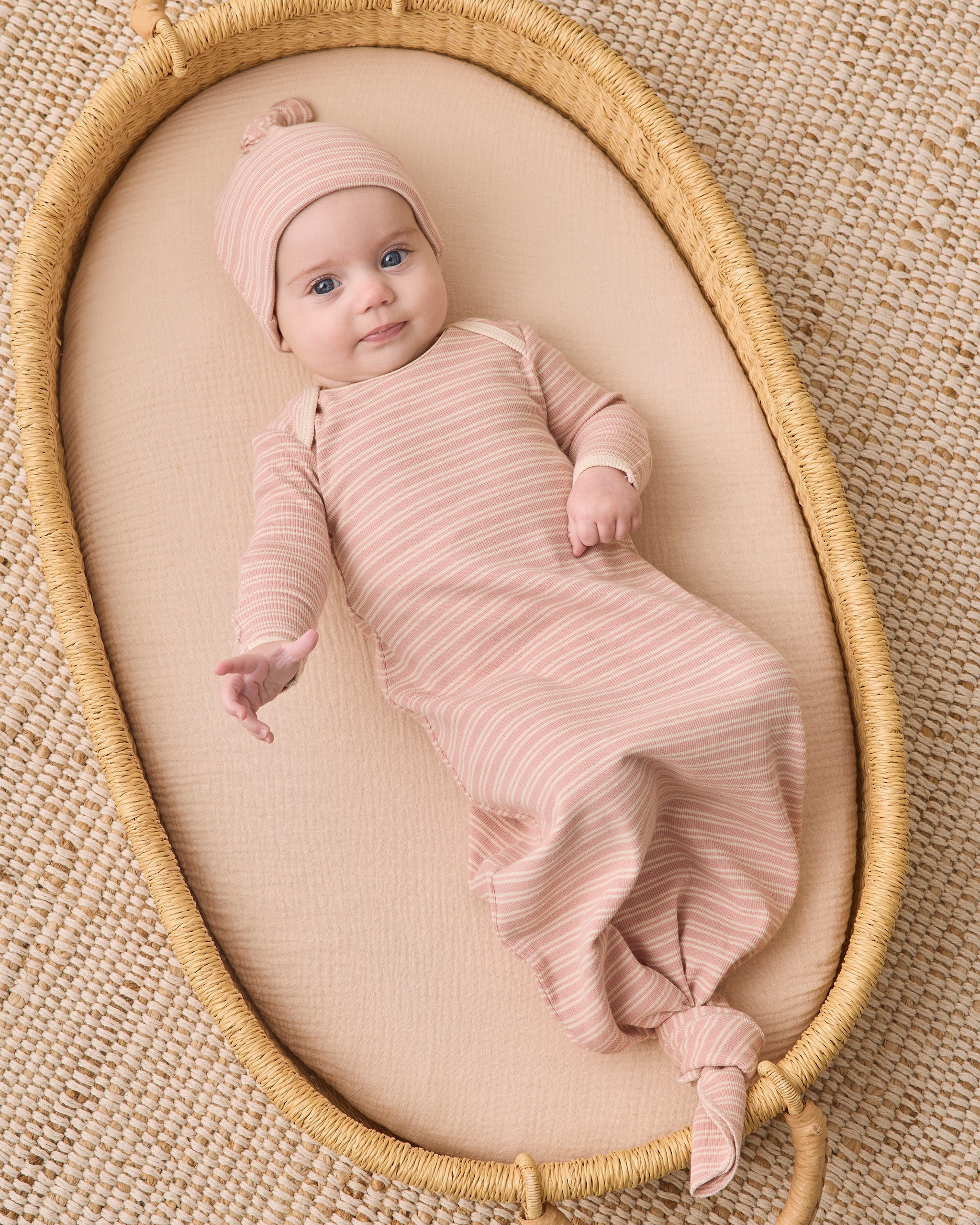 Knotted Baby Gown + Hat Set Dusty Rose Microstripe - Rylee + Cru | Kids Clothes | Trendy Baby Clothes | Modern Infant Outfits |