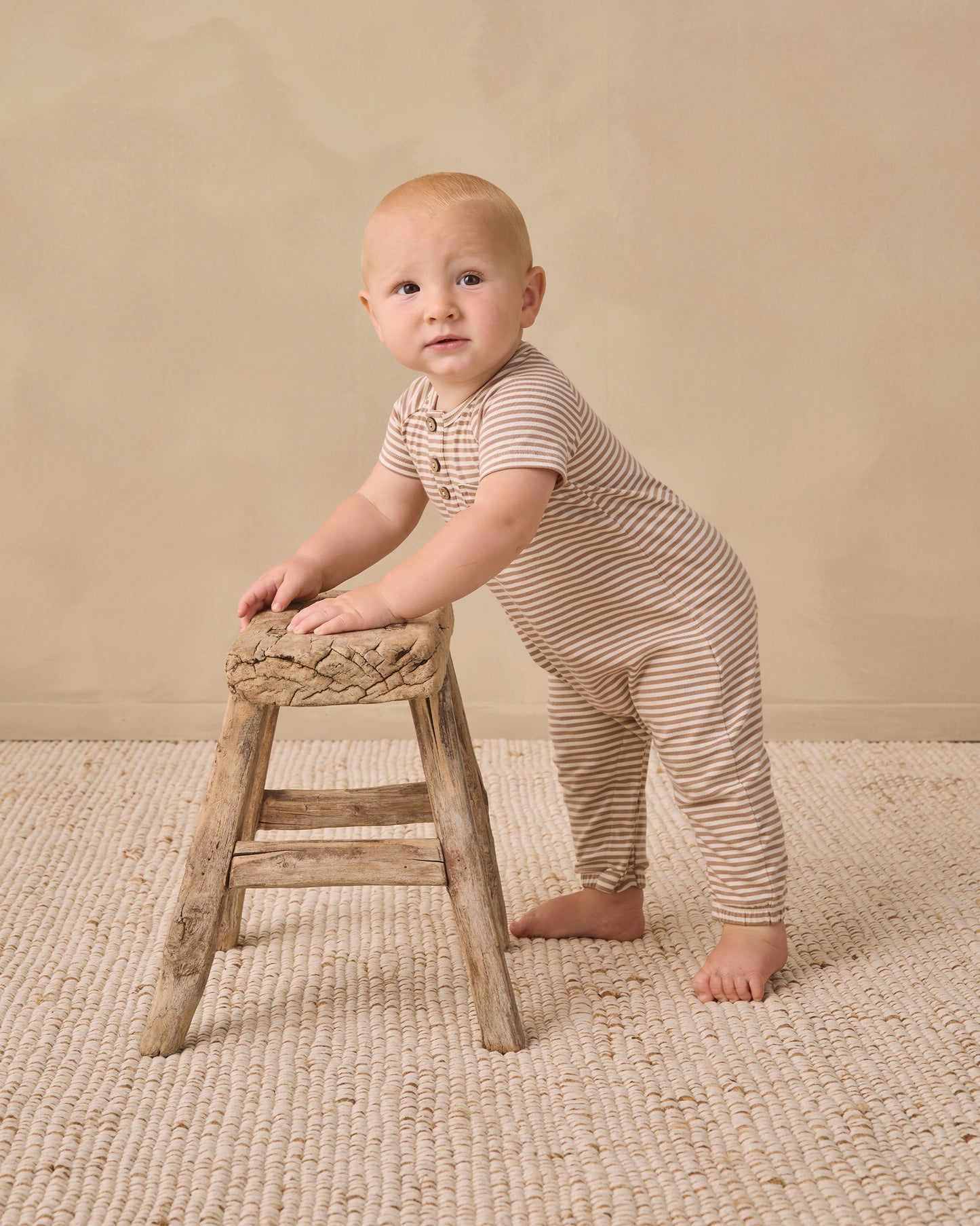 Short Sleeve Jumpsuit Almond Stripe - Rylee + Cru | Kids Clothes | Trendy Baby Clothes | Modern Infant Outfits |