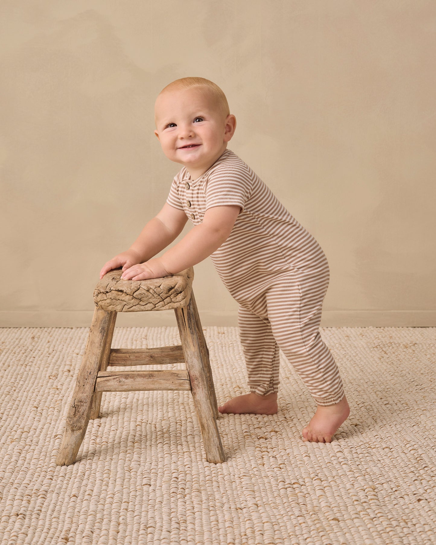 Short Sleeve Jumpsuit Almond Stripe - Rylee + Cru | Kids Clothes | Trendy Baby Clothes | Modern Infant Outfits |