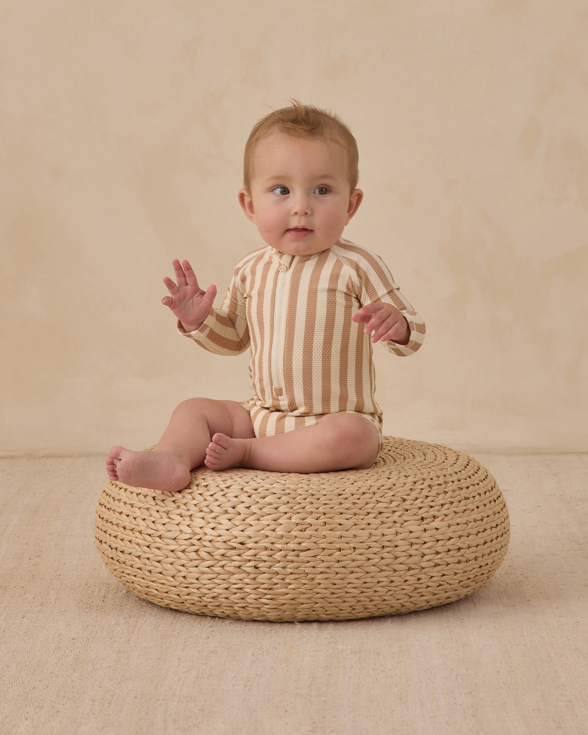 Long Sleeve One-Piece Rashguard Retro Latte Stripe - Rylee + Cru | Kids Clothes | Trendy Baby Clothes | Modern Infant Outfits |