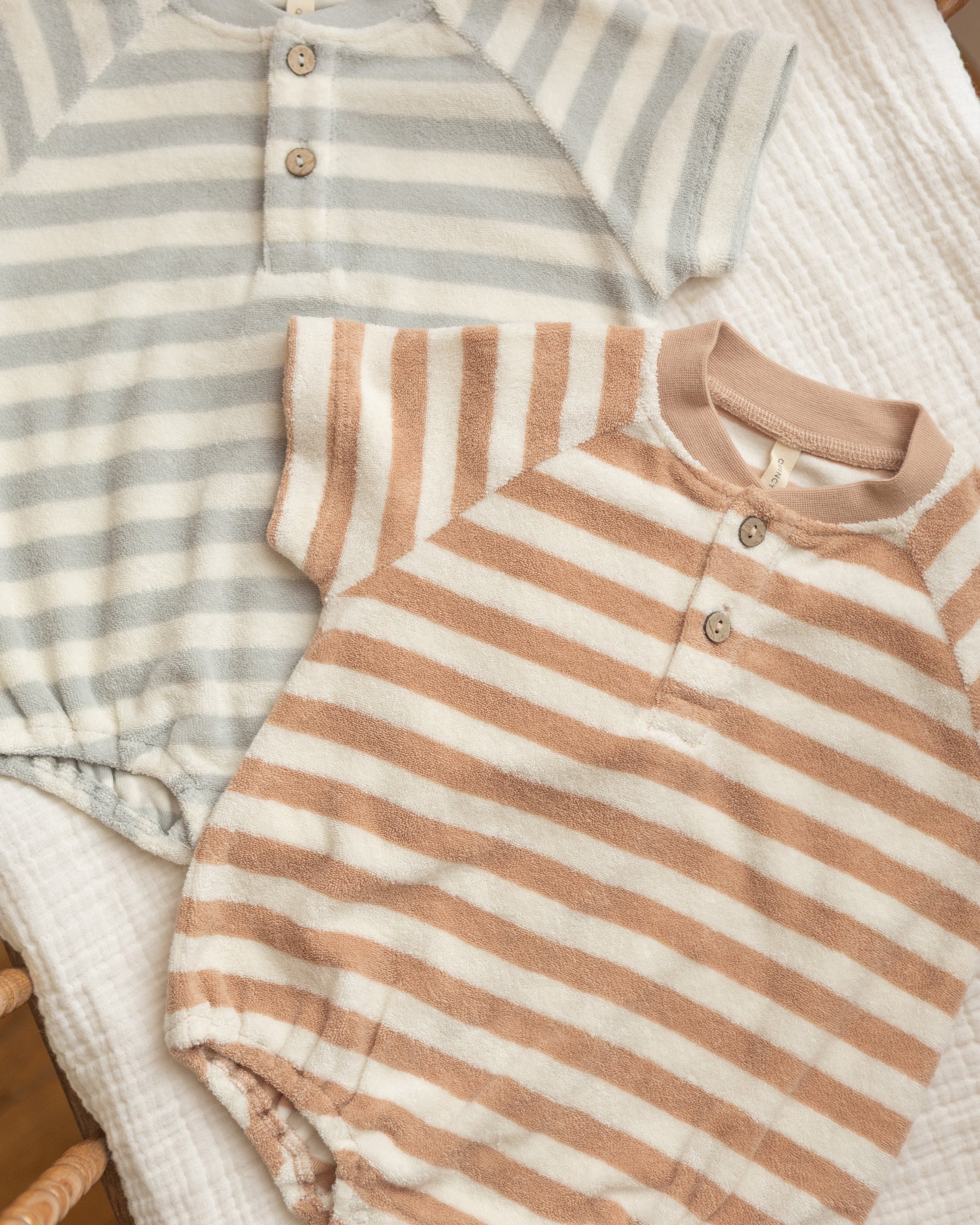 Terry Henley Romper Latte Stripe - Rylee + Cru | Kids Clothes | Trendy Baby Clothes | Modern Infant Outfits |
