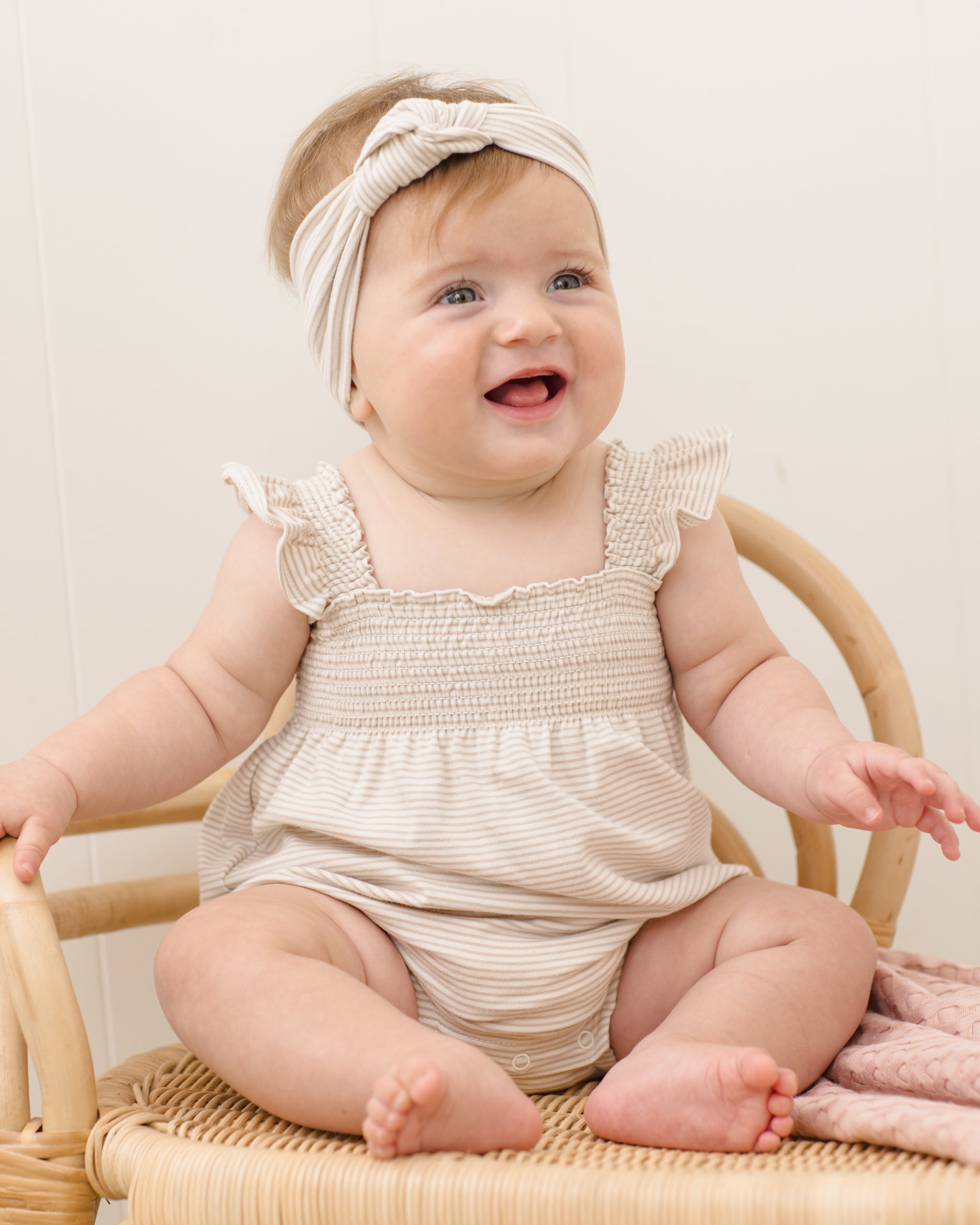 Smocked Ruffle Sleeve Romper Oat Micro Stripe - Rylee + Cru | Kids Clothes | Trendy Baby Clothes | Modern Infant Outfits |