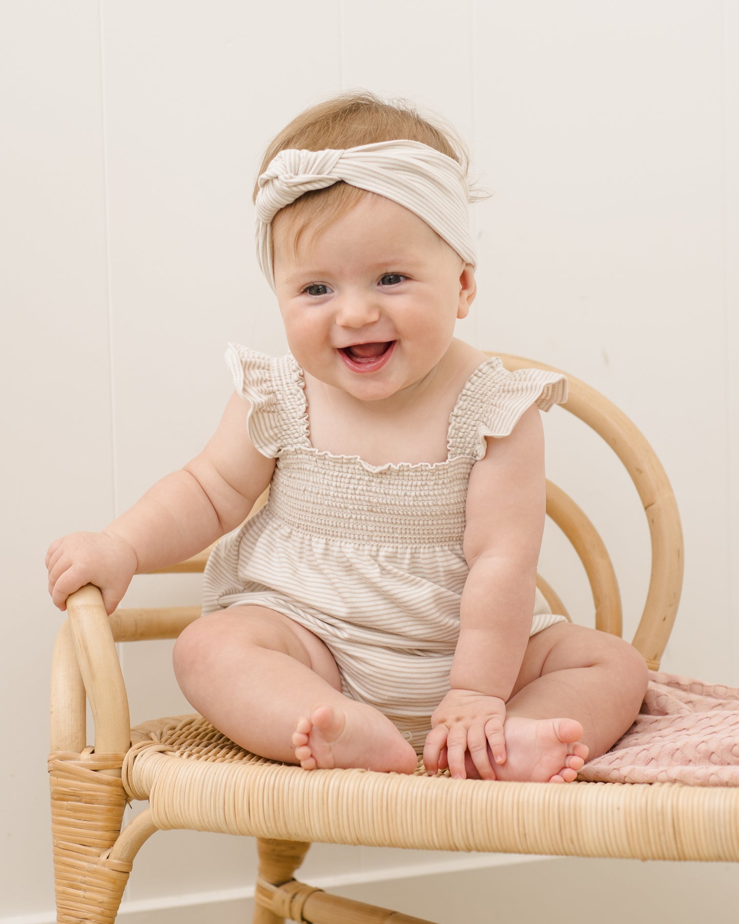 Smocked Ruffle Sleeve Romper Oat Micro Stripe - Rylee + Cru | Kids Clothes | Trendy Baby Clothes | Modern Infant Outfits |