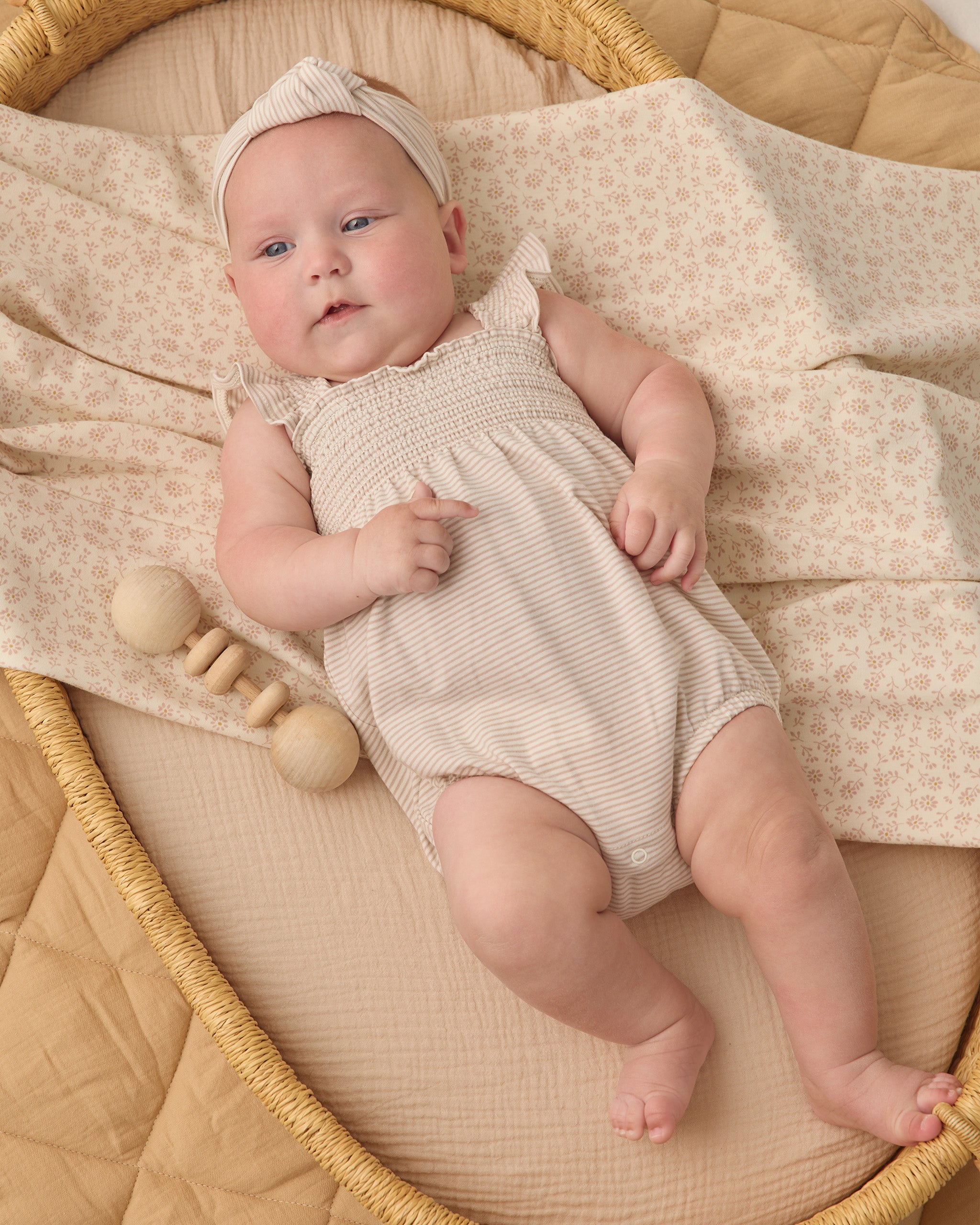 Smocked Ruffle Sleeve Romper Oat Micro Stripe - Rylee + Cru | Kids Clothes | Trendy Baby Clothes | Modern Infant Outfits |
