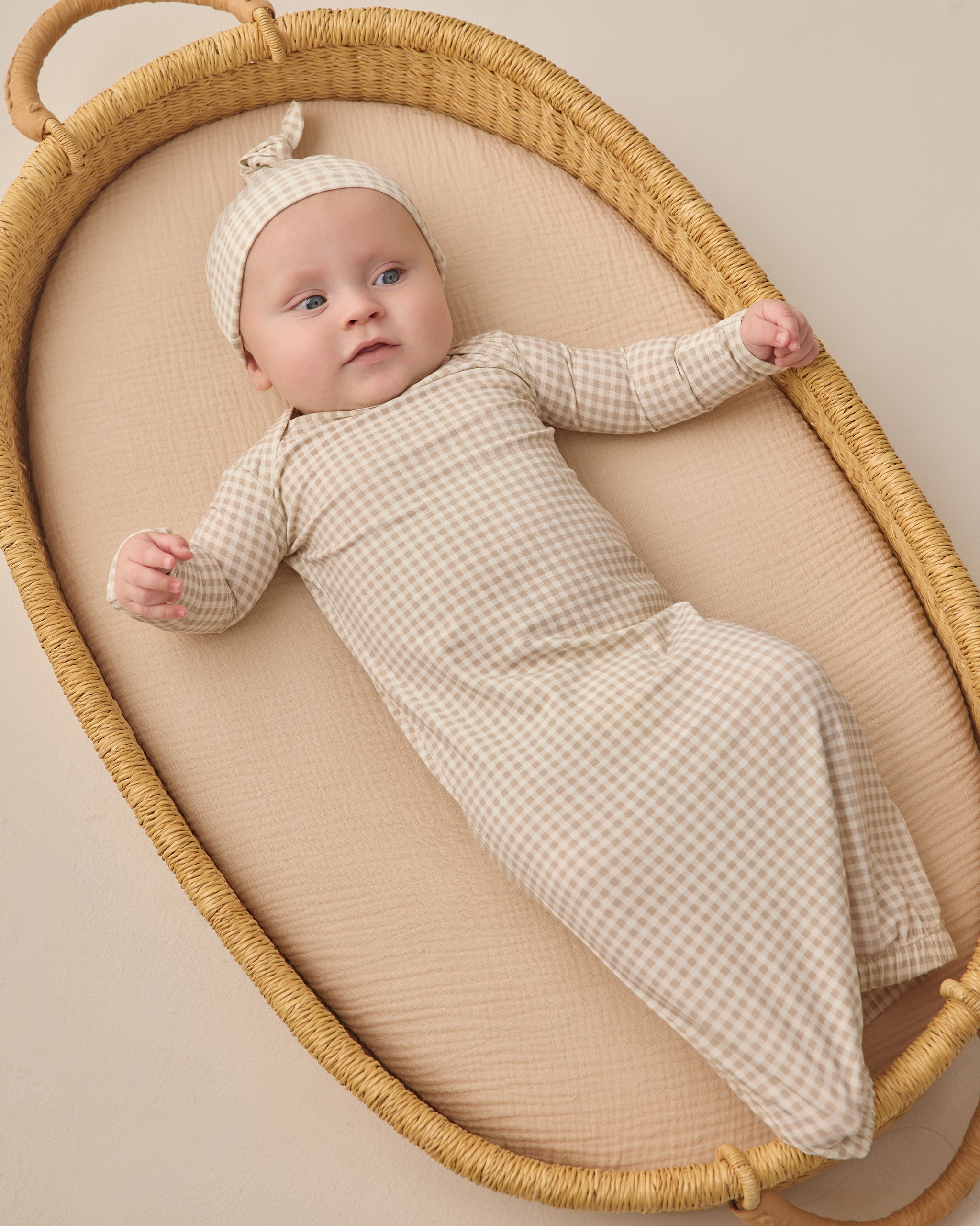 Bamboo Baby Gown + Hat Set Oat Gingham - Rylee + Cru | Kids Clothes | Trendy Baby Clothes | Modern Infant Outfits |