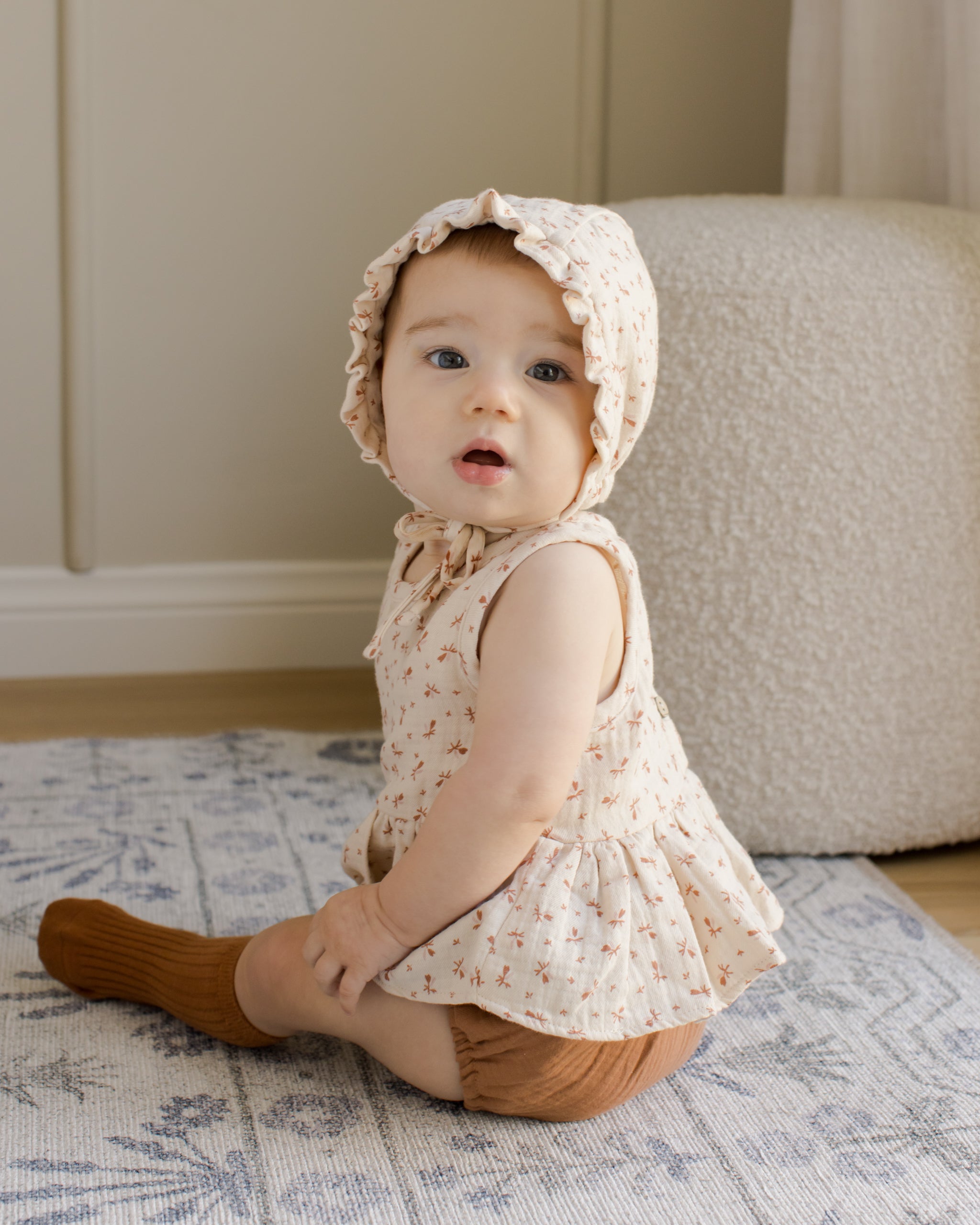 Woven Ruffle Bonnet || Clay Ditsy - Rylee + Cru | Kids Clothes | Trendy Baby Clothes | Modern Infant Outfits |