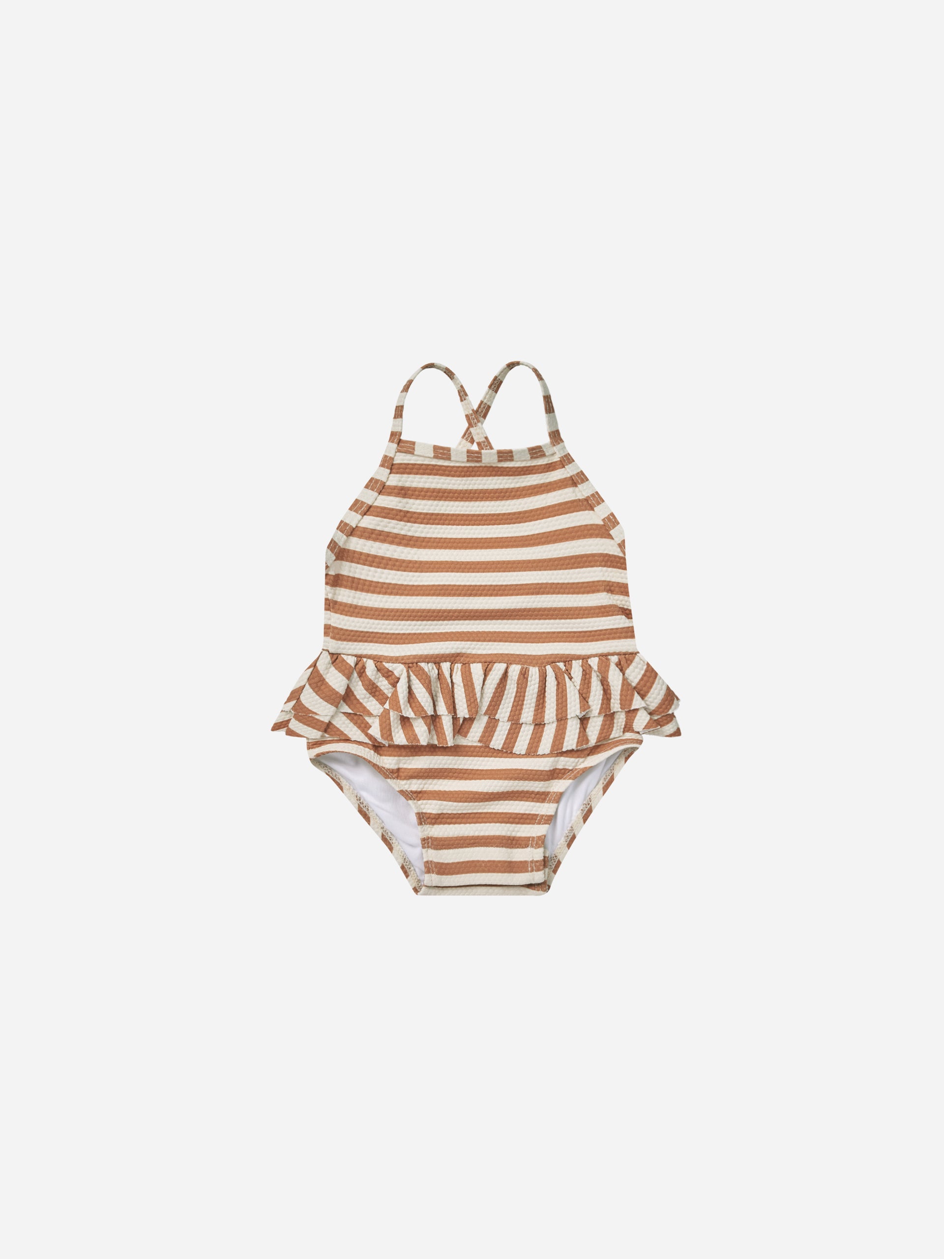 Ruffled One-Piece Swimsuit || Clay Stripe - Rylee + Cru | Kids Clothes | Trendy Baby Clothes | Modern Infant Outfits |
