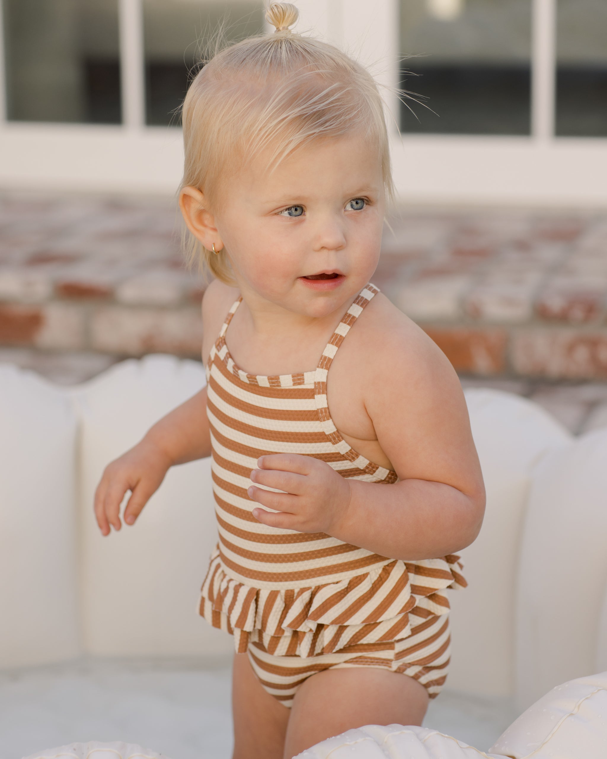 Ruffled One-Piece Swimsuit || Clay Stripe - Rylee + Cru | Kids Clothes | Trendy Baby Clothes | Modern Infant Outfits |