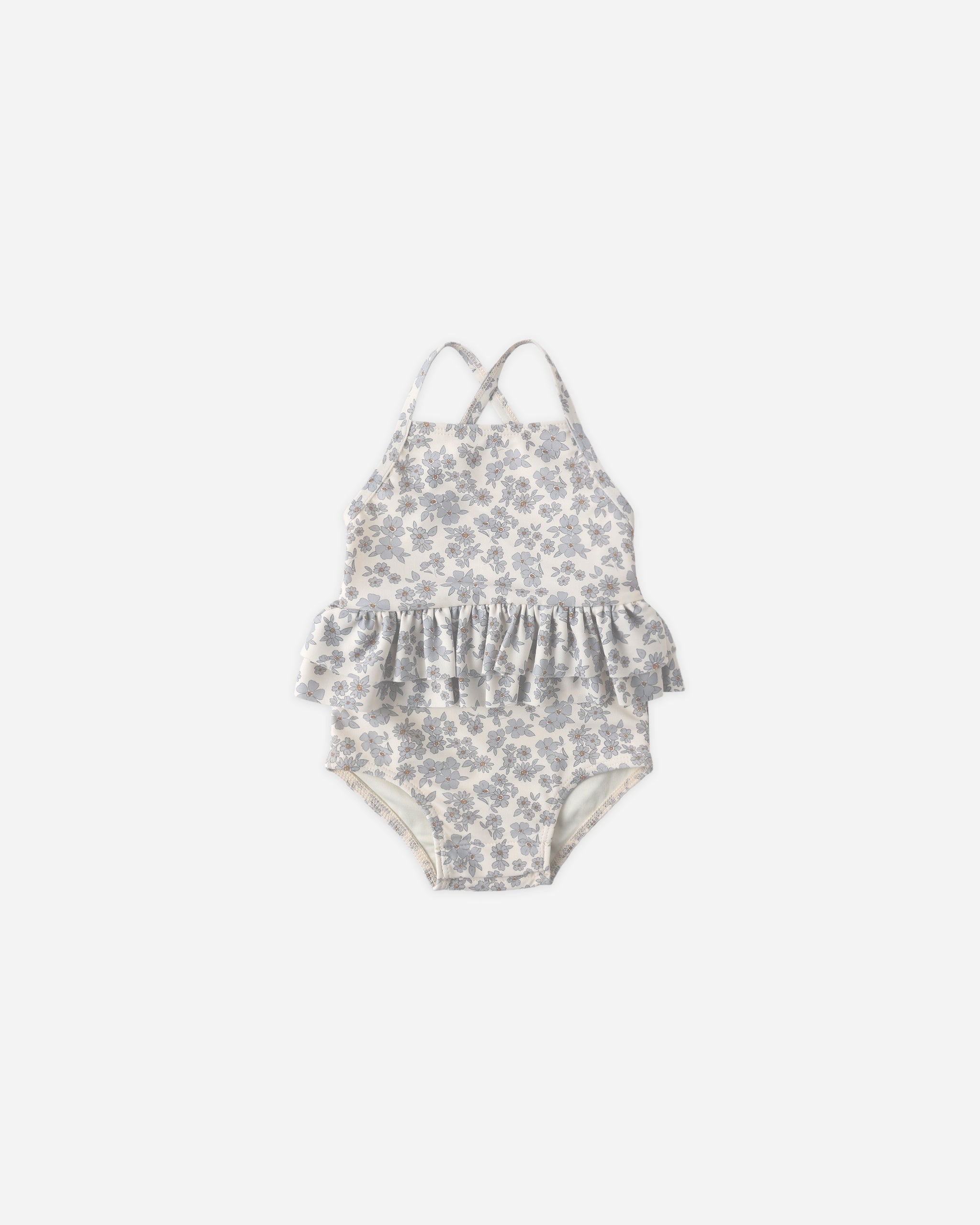Ruffled One-Piece Swimsuit Blue Floral - Rylee + Cru | Kids Clothes | Trendy Baby Clothes | Modern Infant Outfits |