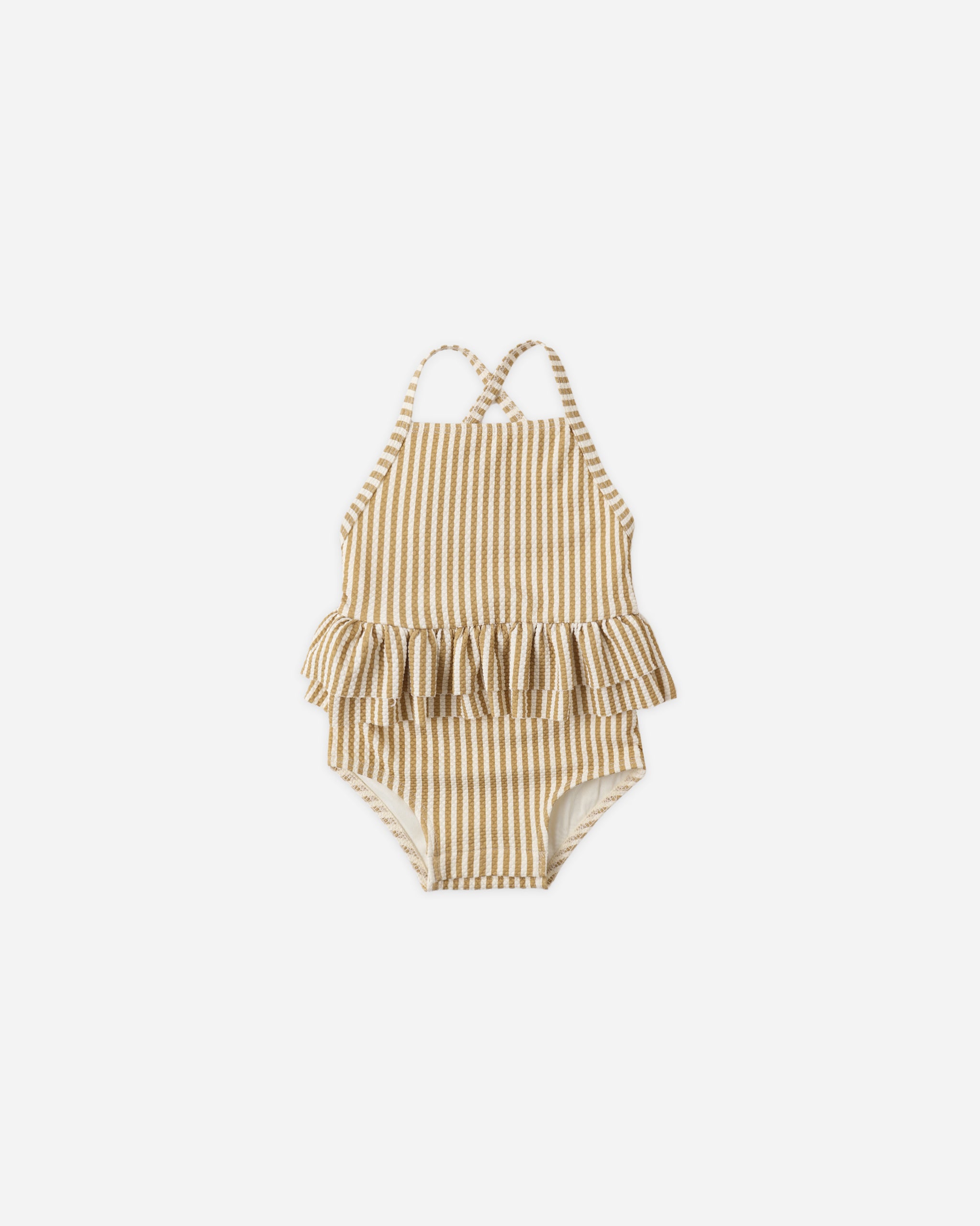Ruffled One-Piece Swimsuit Honey Stripe Small - Rylee + Cru | Kids Clothes | Trendy Baby Clothes | Modern Infant Outfits |