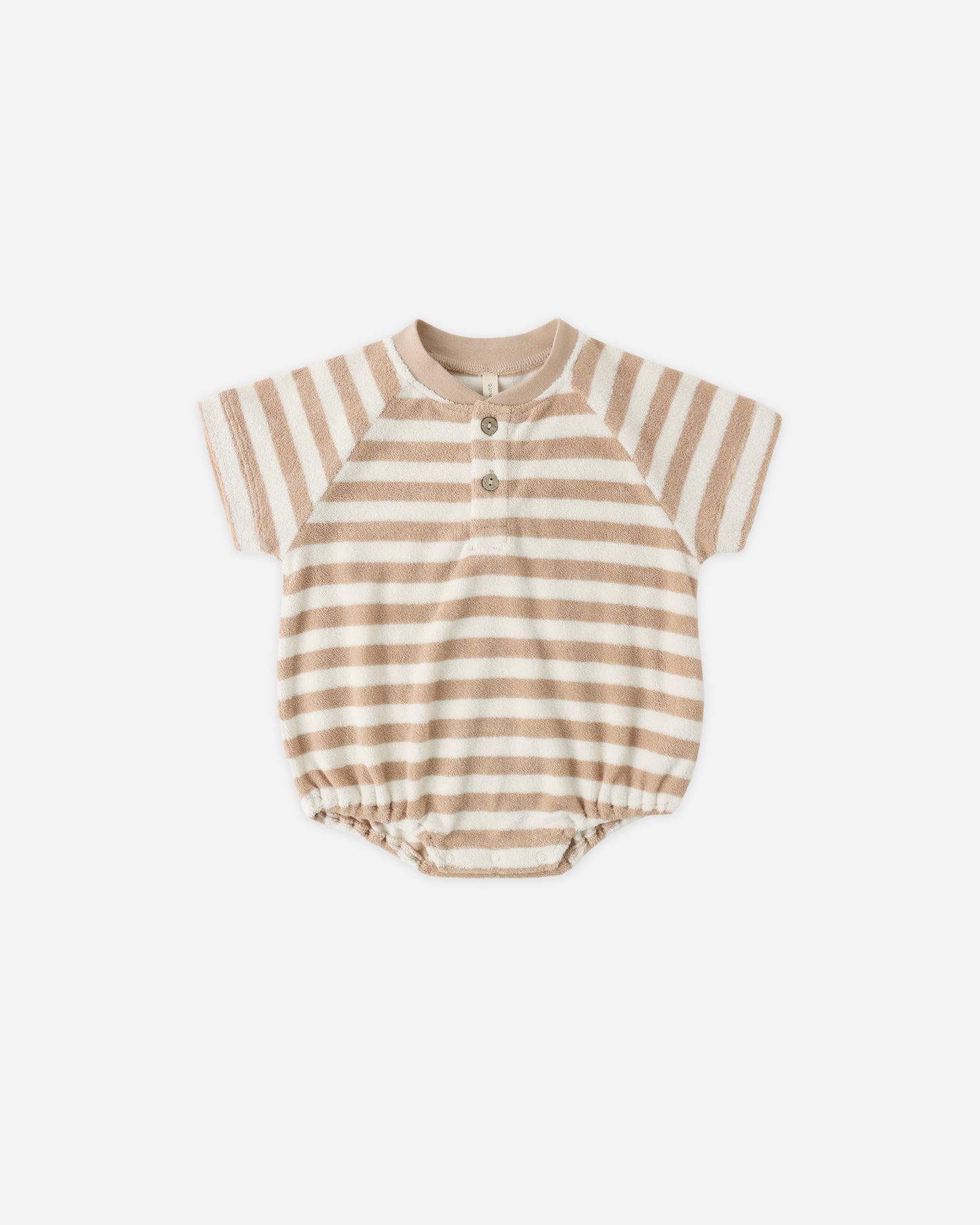 Terry Henley Romper Latte Stripe - Rylee + Cru | Kids Clothes | Trendy Baby Clothes | Modern Infant Outfits |