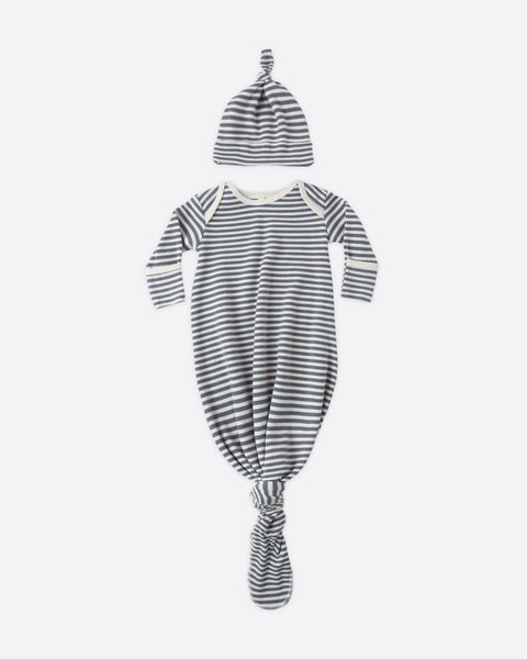 Knotted Baby Gown + Hat Set Ocean Stripe – Quincy Mae