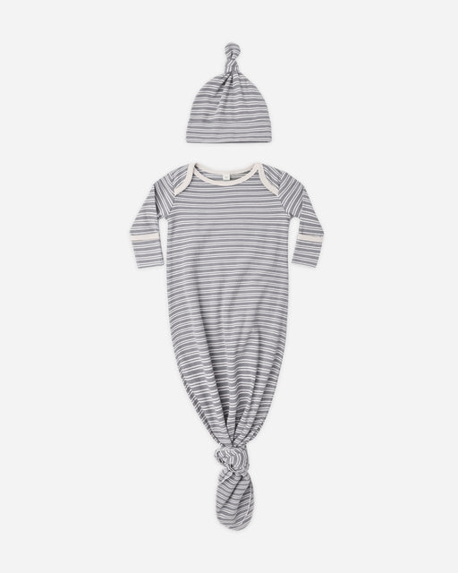Knotted Baby Gown + Hat Set Slate Microstripe - Rylee + Cru | Kids Clothes | Trendy Baby Clothes | Modern Infant Outfits |