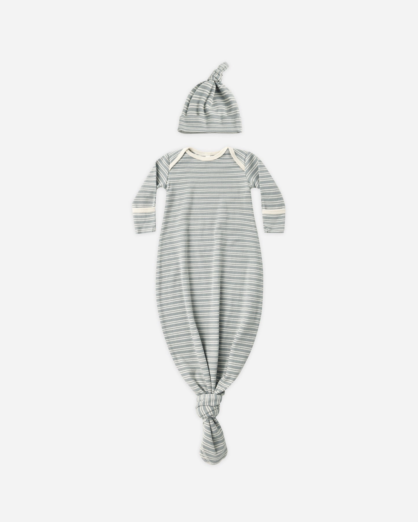 Knotted Baby Gown + Hat Set || Steel Blue Micro Stripe - Rylee + Cru | Kids Clothes | Trendy Baby Clothes | Modern Infant Outfits |
