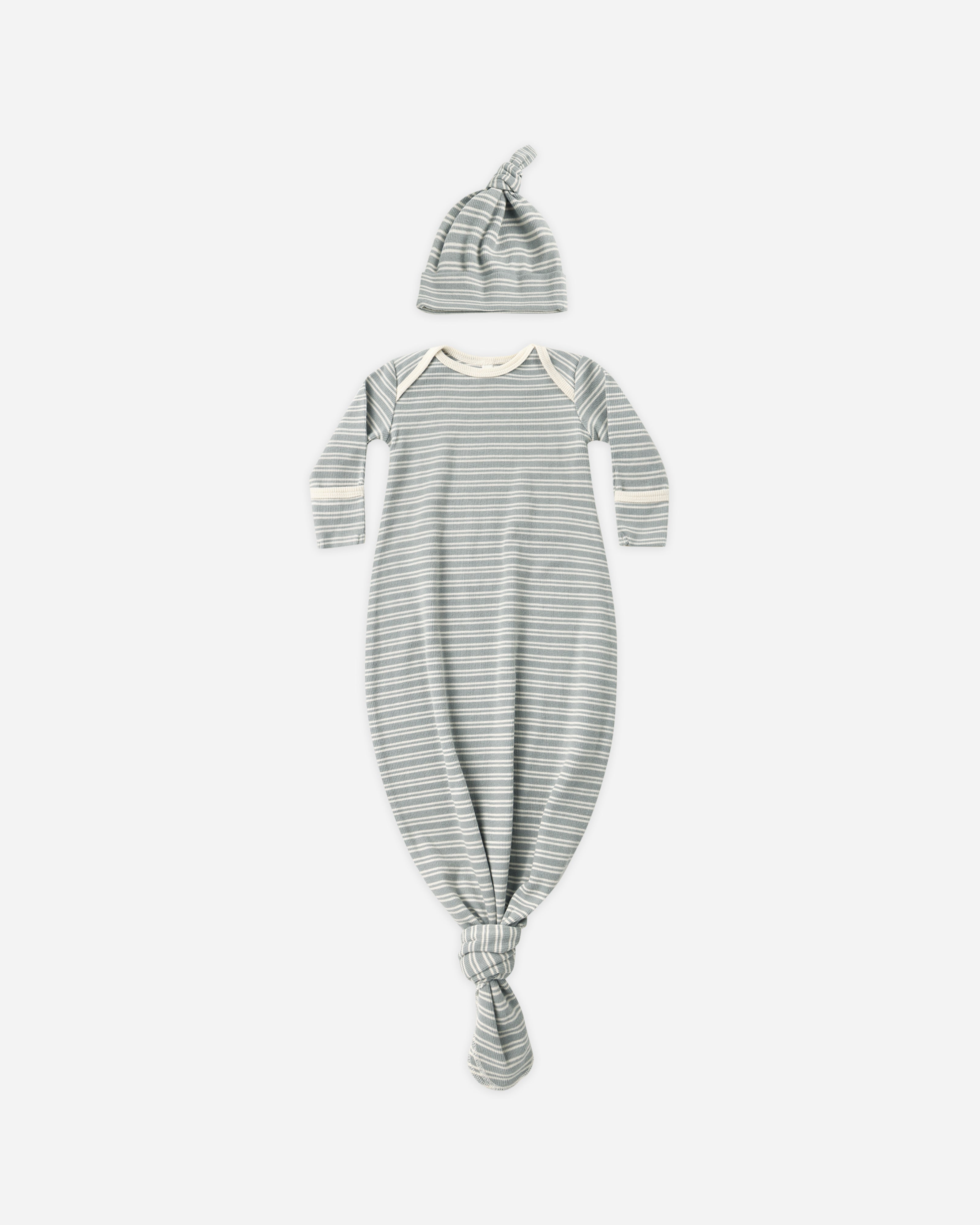Knotted Baby Gown + Hat Set || Steel Blue Micro Stripe - Rylee + Cru | Kids Clothes | Trendy Baby Clothes | Modern Infant Outfits |