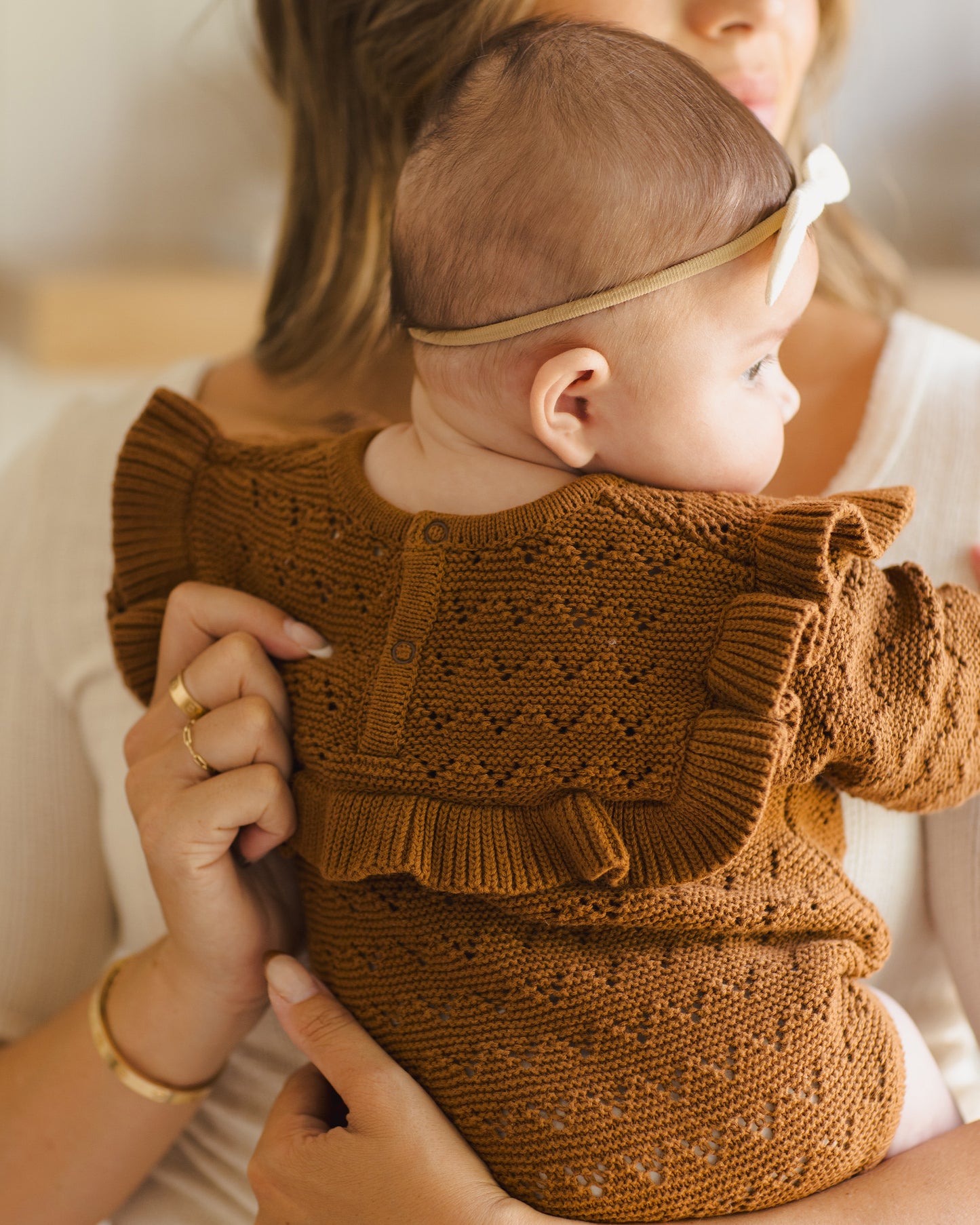 Long Sleeve Pointelle Ruffle Romper || Cinnamon