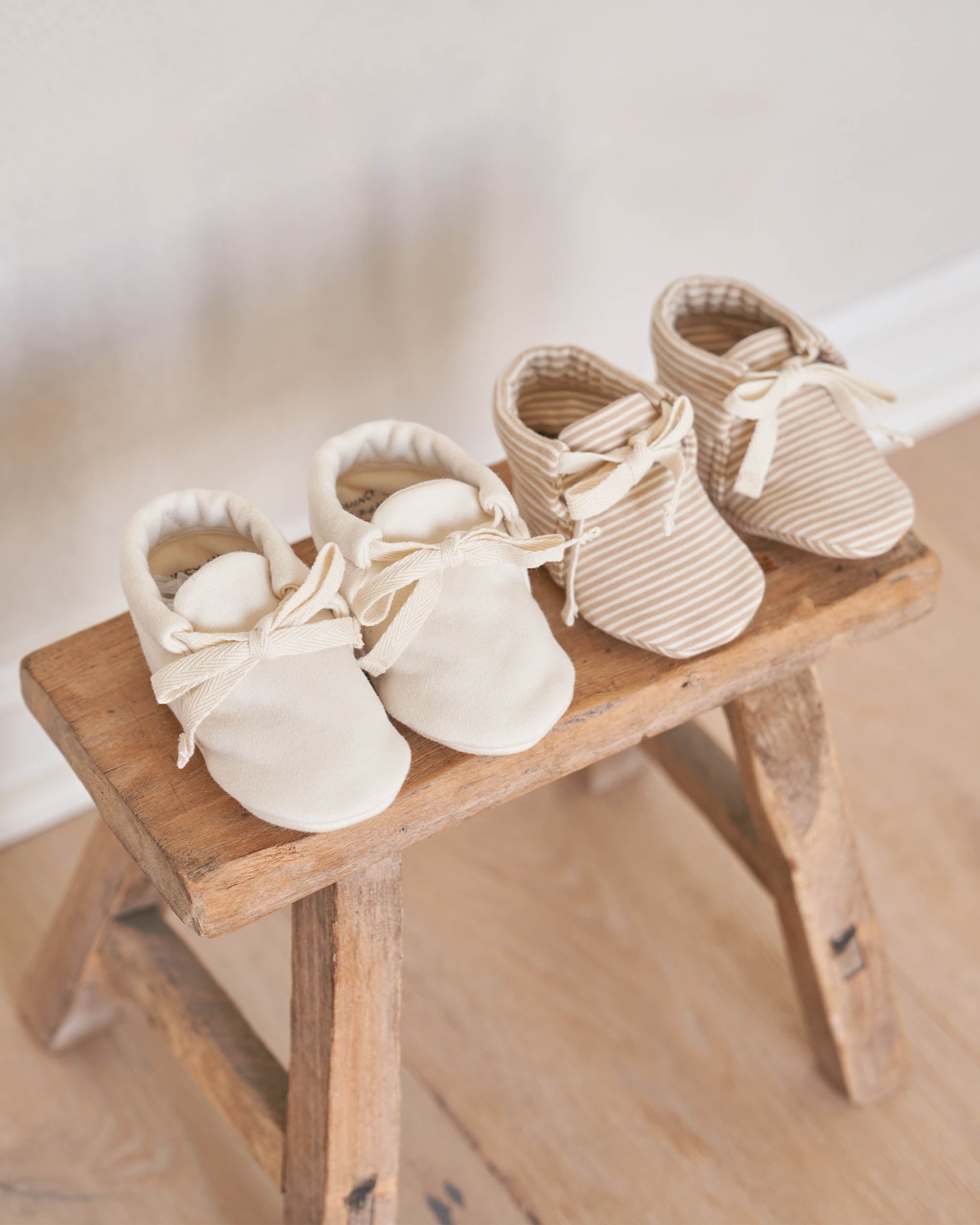 Baby Booties || Latte Micro Stripe - Rylee + Cru | Kids Clothes | Trendy Baby Clothes | Modern Infant Outfits |