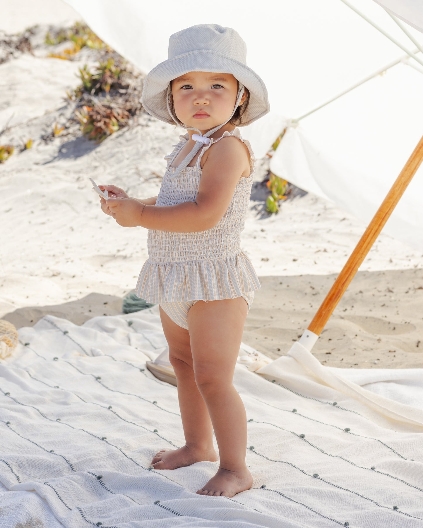 Smocked One-Piece Swimsuit Blue + Butterscotch Stripe - Rylee + Cru | Kids Clothes | Trendy Baby Clothes | Modern Infant Outfits |