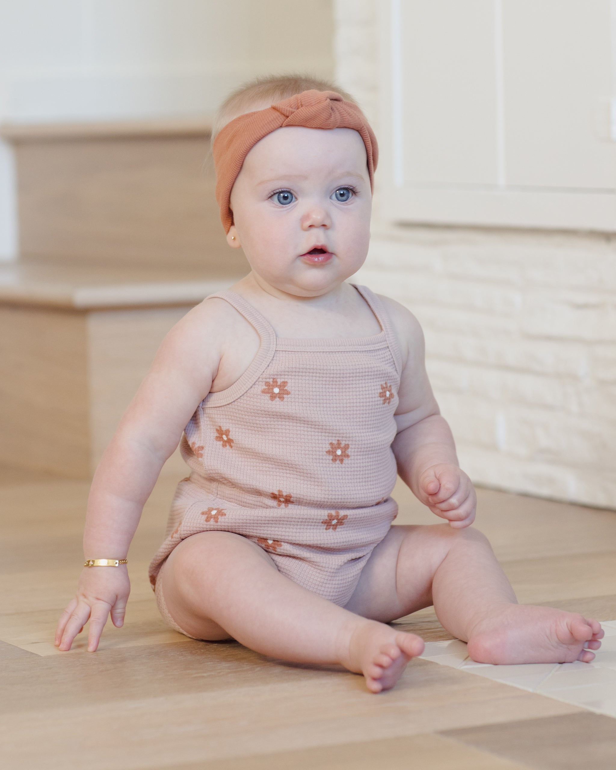 Waffle Cinch Romper Pink Daisy - Rylee + Cru | Kids Clothes | Trendy Baby Clothes | Modern Infant Outfits |
