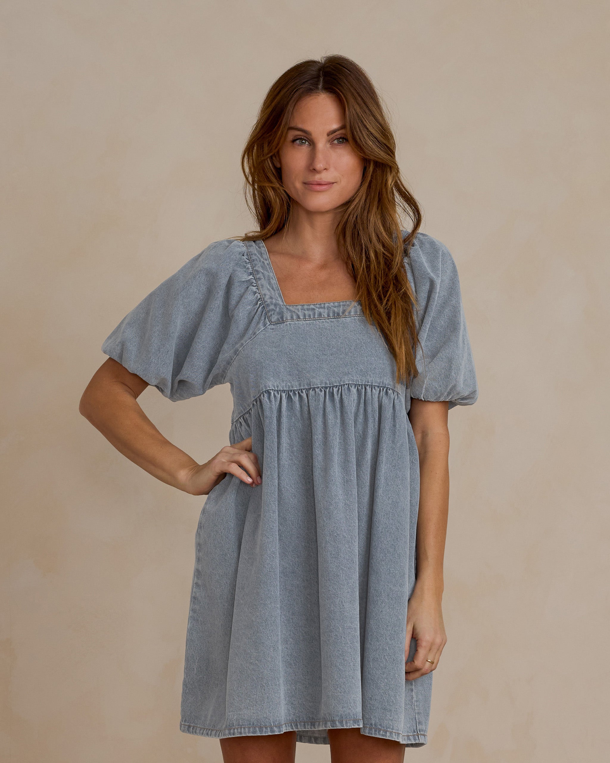 Gretta Babydoll Dress | Light Washed Denim