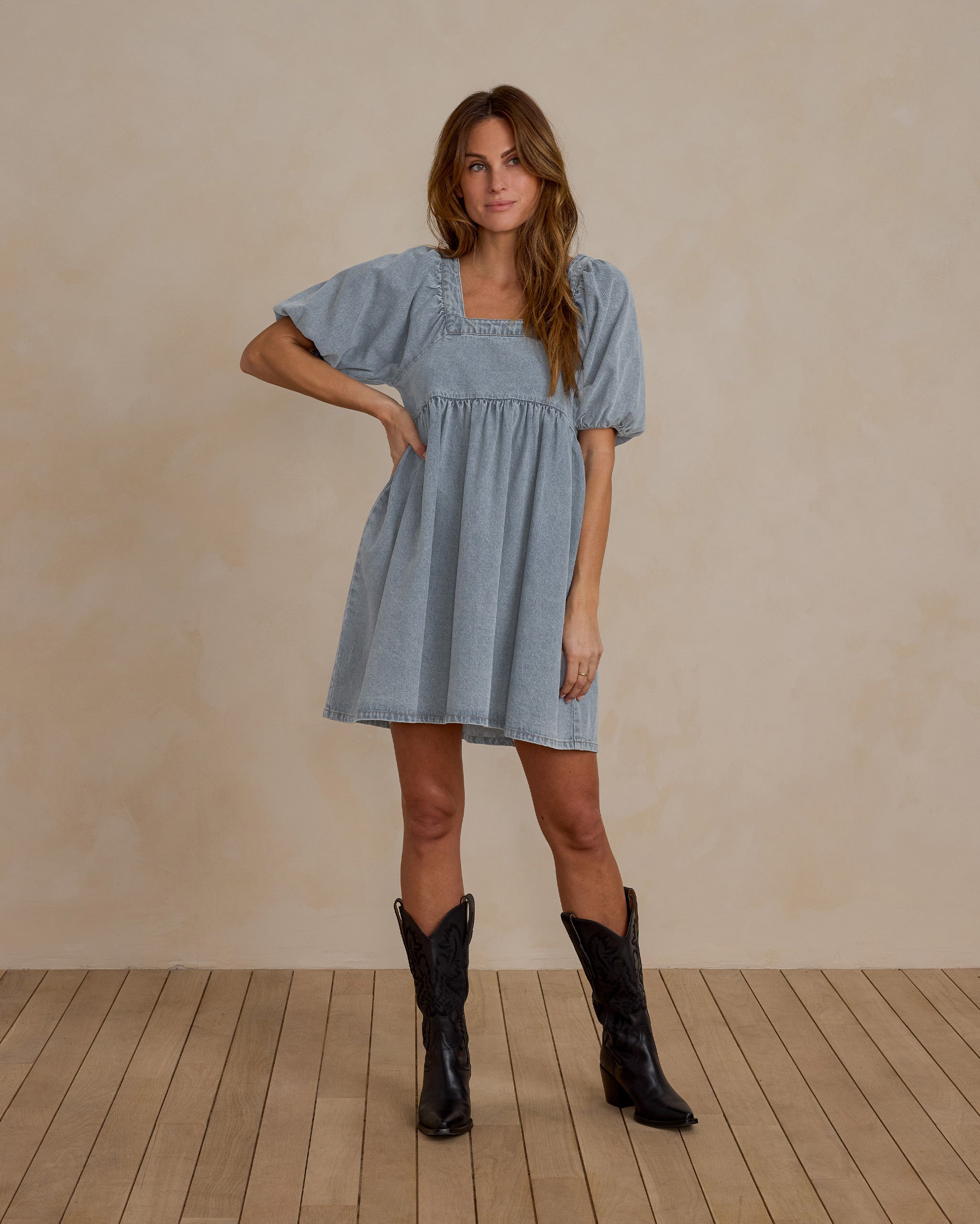 Gretta Babydoll Dress | Light Washed Denim